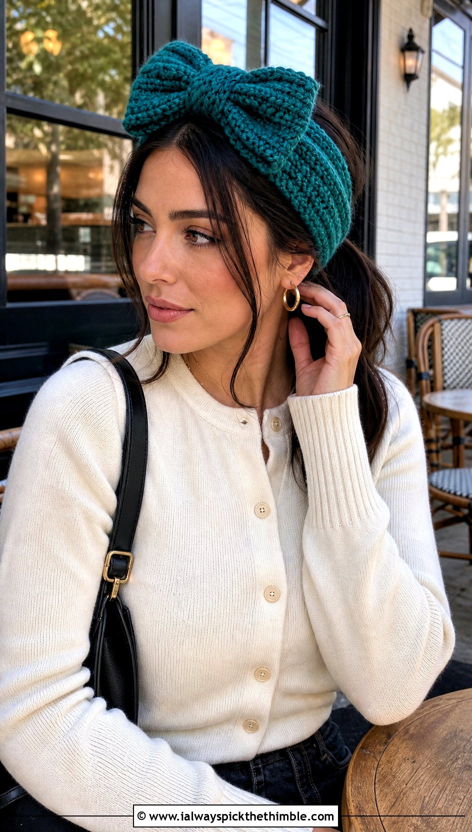 Bow Knot Bulky Yarn Crochet Headband With Cardigan And Jeans - 20 bulky yarn crochet headband outfit ideas