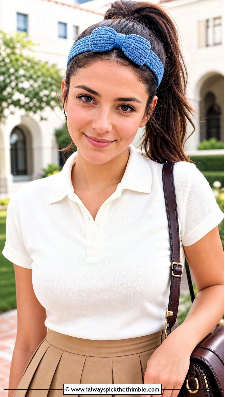 Bow Knot Crochet Headband With Polo Shirt And Pleated Skirt - 25 crochet headbands outfit ideas