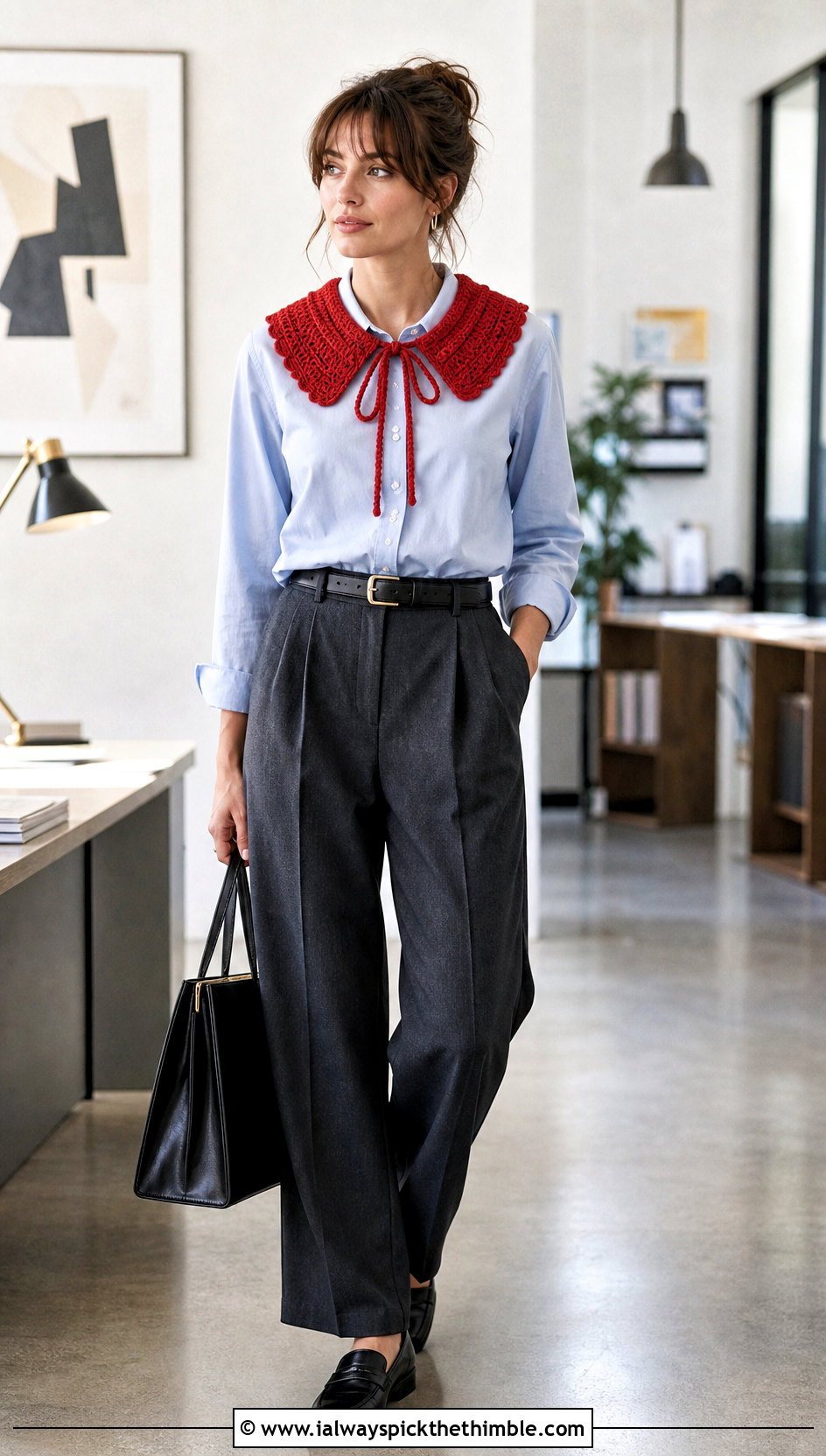 Bow Tie Crochet Collar With Oxford Shirt And Pleated Trousers - 25 crochet collar outfit ideas