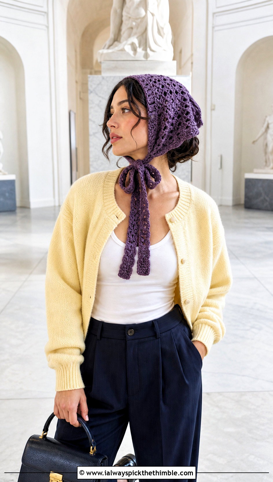 Bow Tie Crochet Hair Bonnet With Cardigan And Trousers - 20 Crochet Hair Bonnet outfit ideas