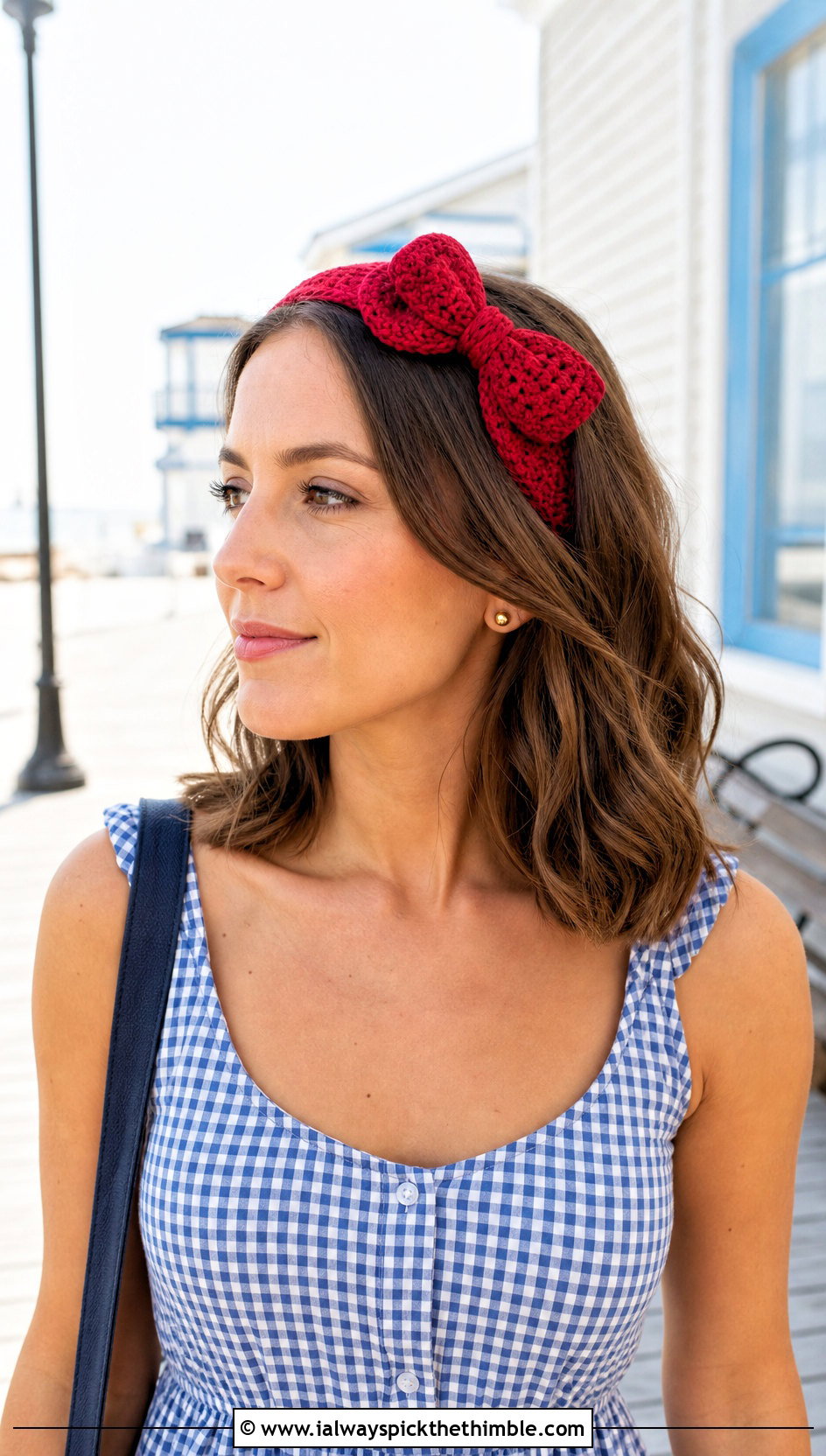 Bow Tie Crochet Headband With Gingham Top And White Pants - 15 summer crochet headband outfit ideas