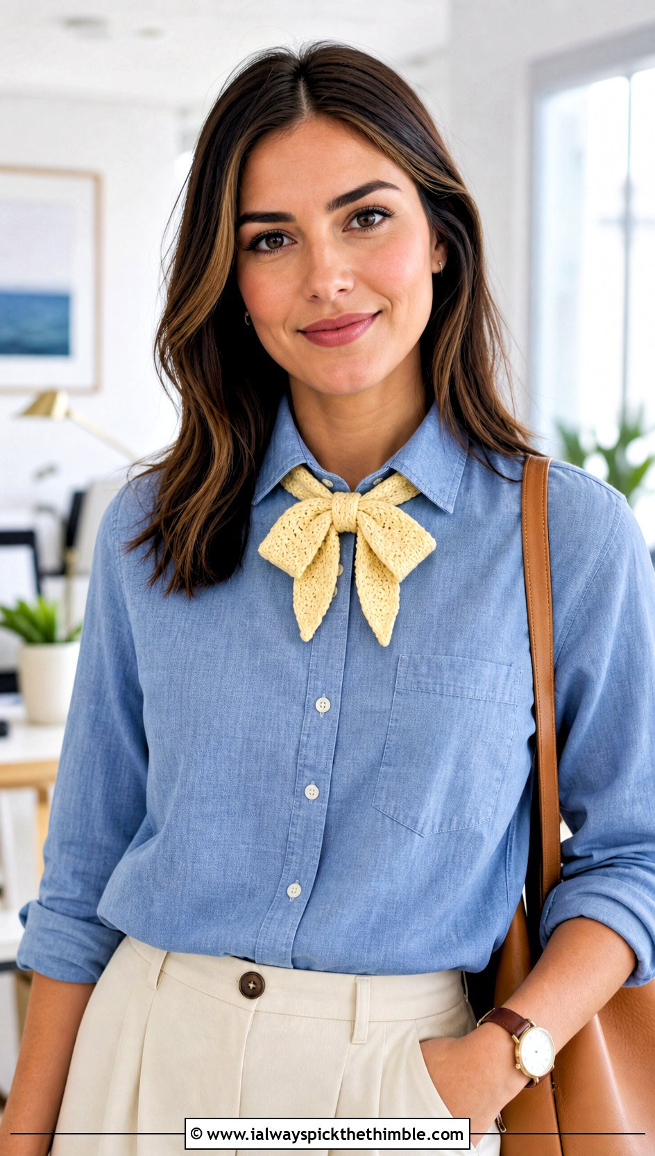 Bow Tie Crochet Mini Scarf With Chambray Shirt And Culottes - 20 Tiny Crochet Scarf outfit ideas