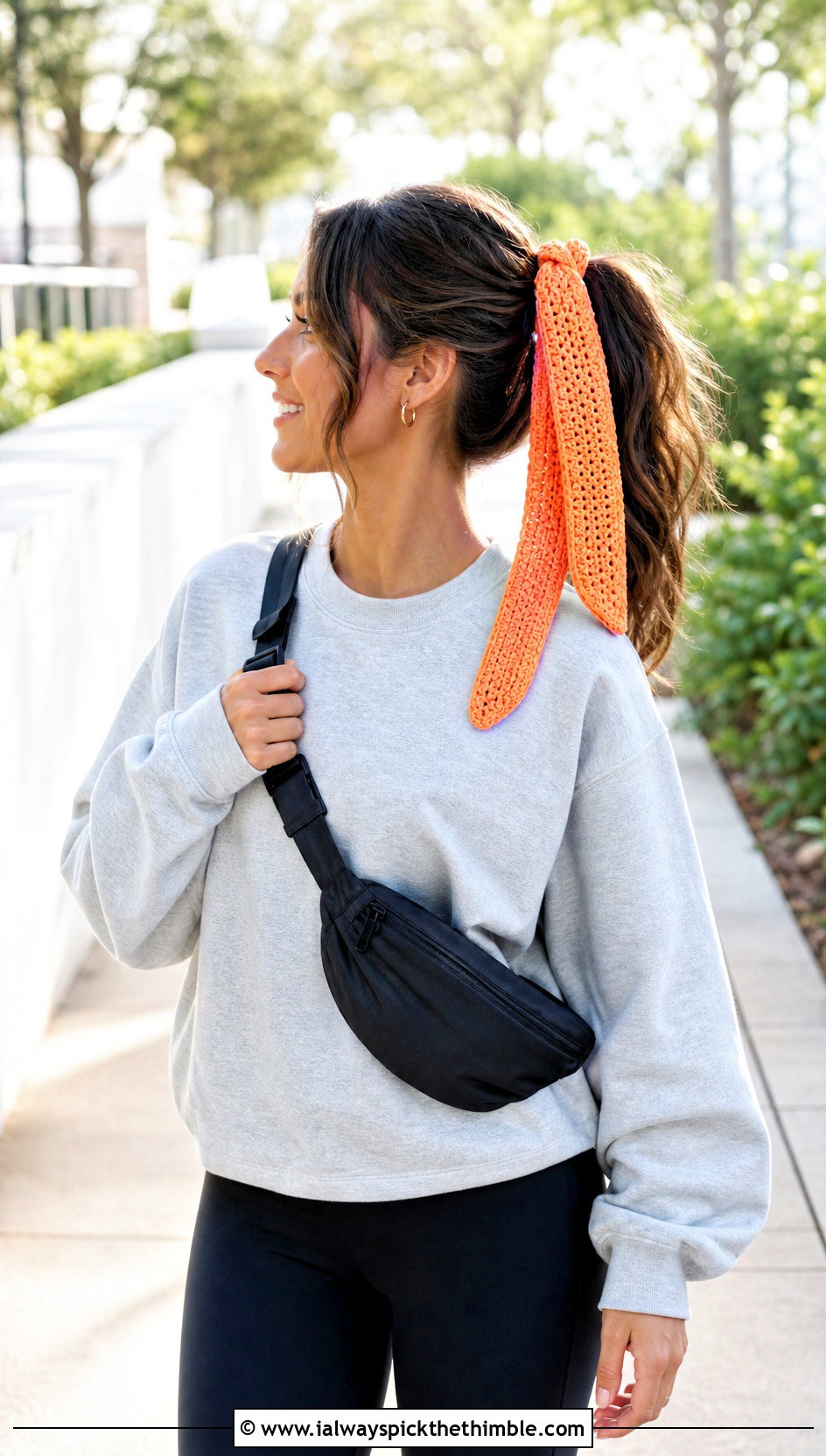 Bow Tie Crochet Ponytail Scarf With Sweatshirt And Leggings - 15 Crochet Hair Scarf Ideas