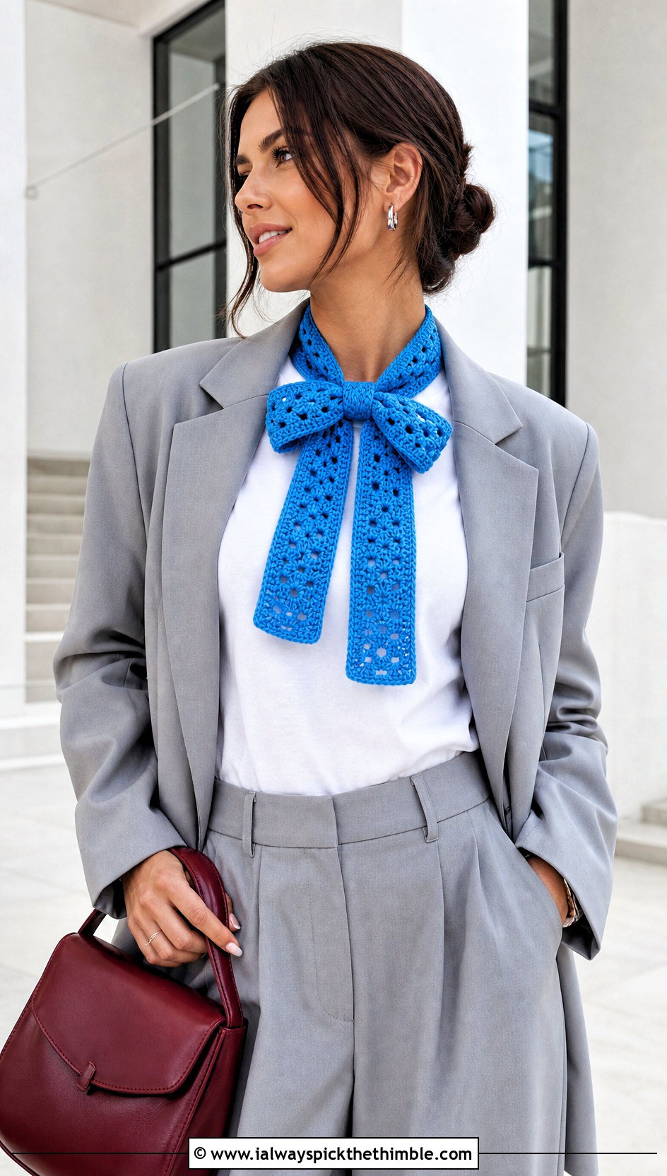 Bow Tie Crochet Ribbon Scarf With Suit And Sneakers - 15 Crochet Ribbon Scarf outfit ideas
