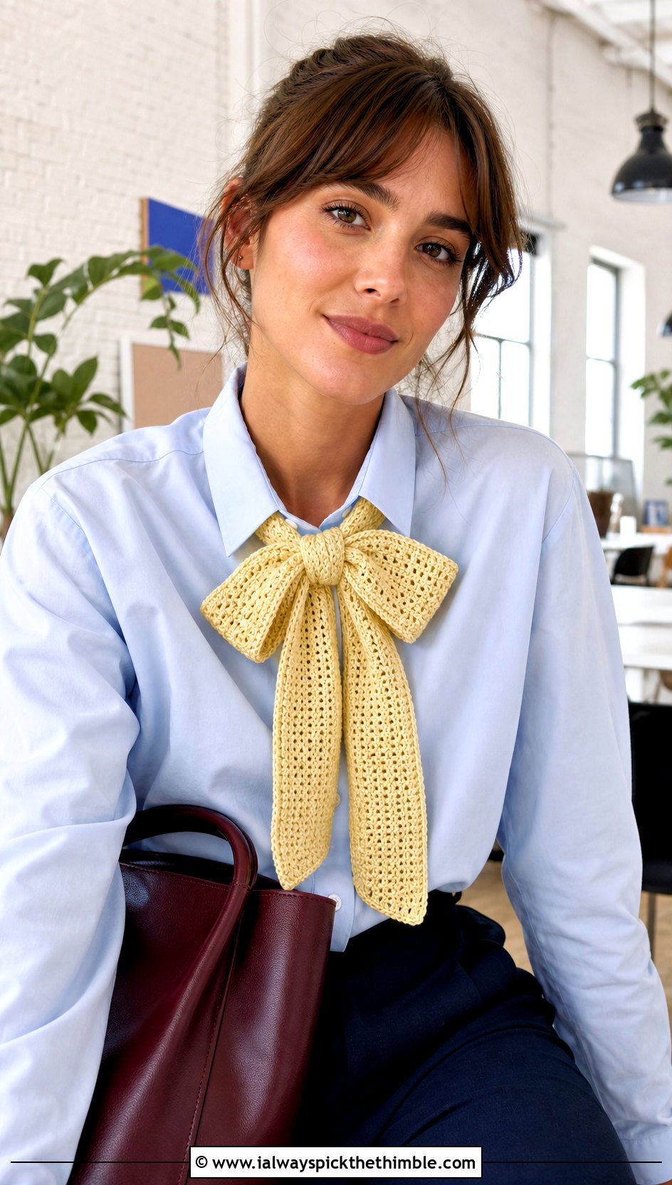 Bow Tie Crochet Scarf With Button Down Shirt - 25 small crochet scarf outfit ideas