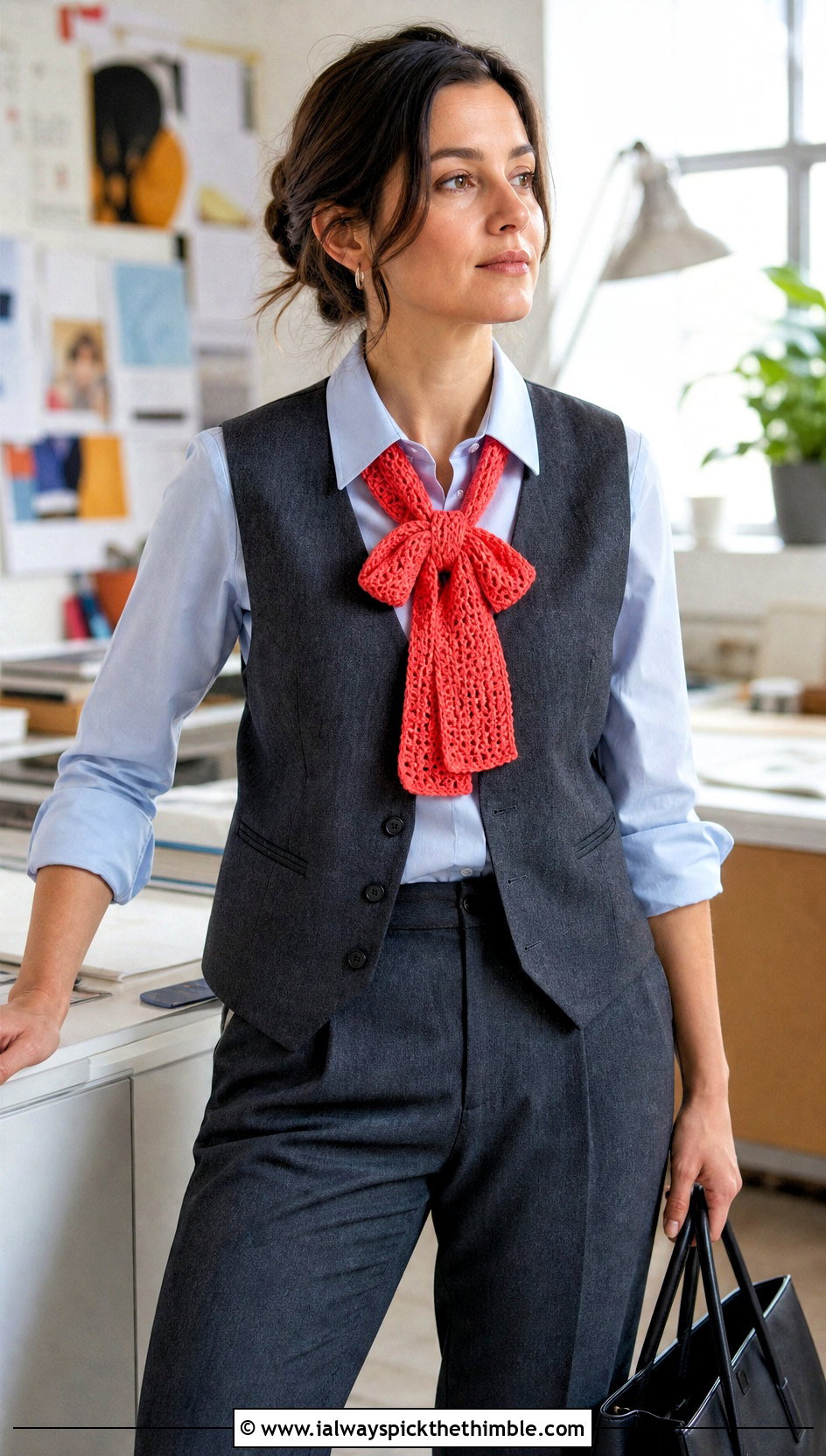 Bow Tie Crochet Scarf With Vest And Trousers - 25 crochet neck scarf outfit ideas