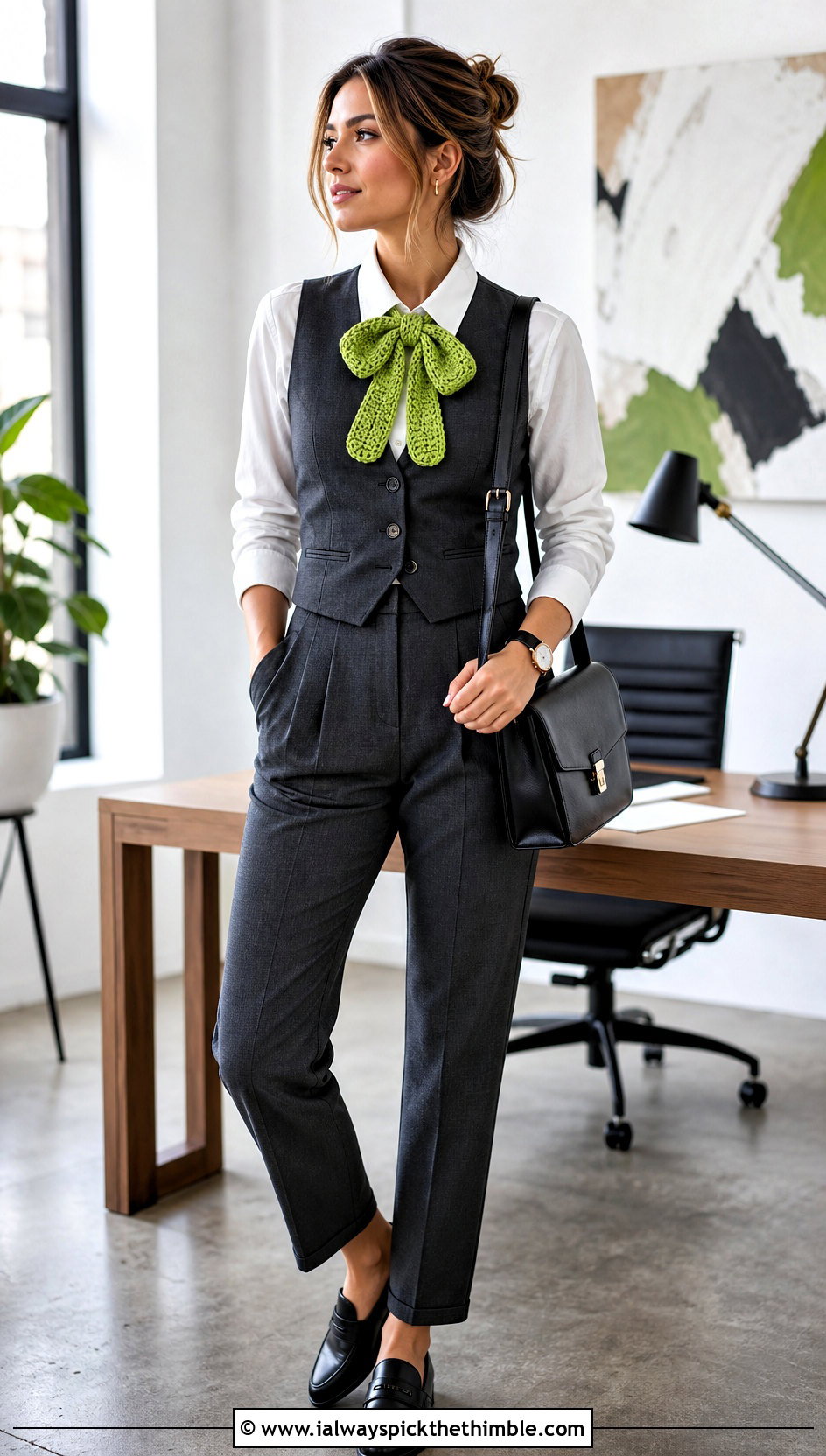 Bow Tie Crochet Scarflette With Suit Vest And Trousers - 20 mini crochet scarf outfit ideas