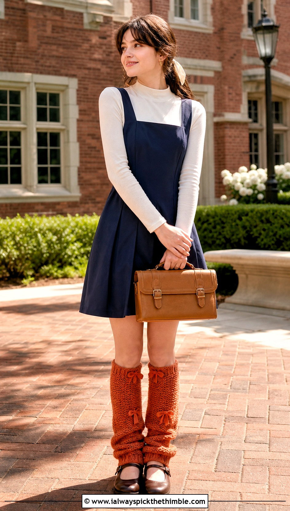 Bow Trim Crochet Leg Warmers With Pinafore Dress - 20 cute crochet leg warmers outfit ideas