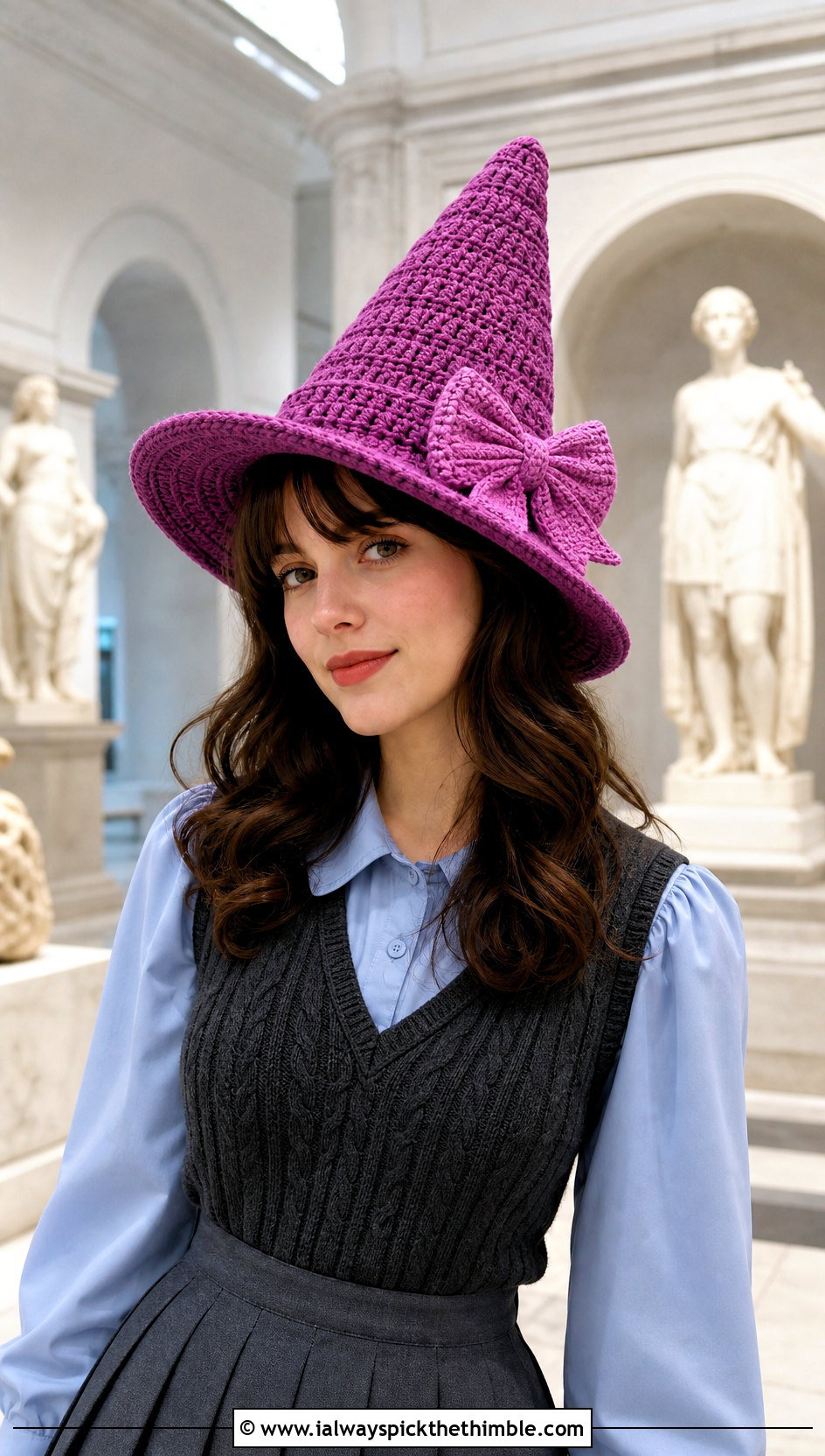 Bow Trim Crochet Witch Hat With Pleated Skirt - 25 crochet witches hat outfit ideas
