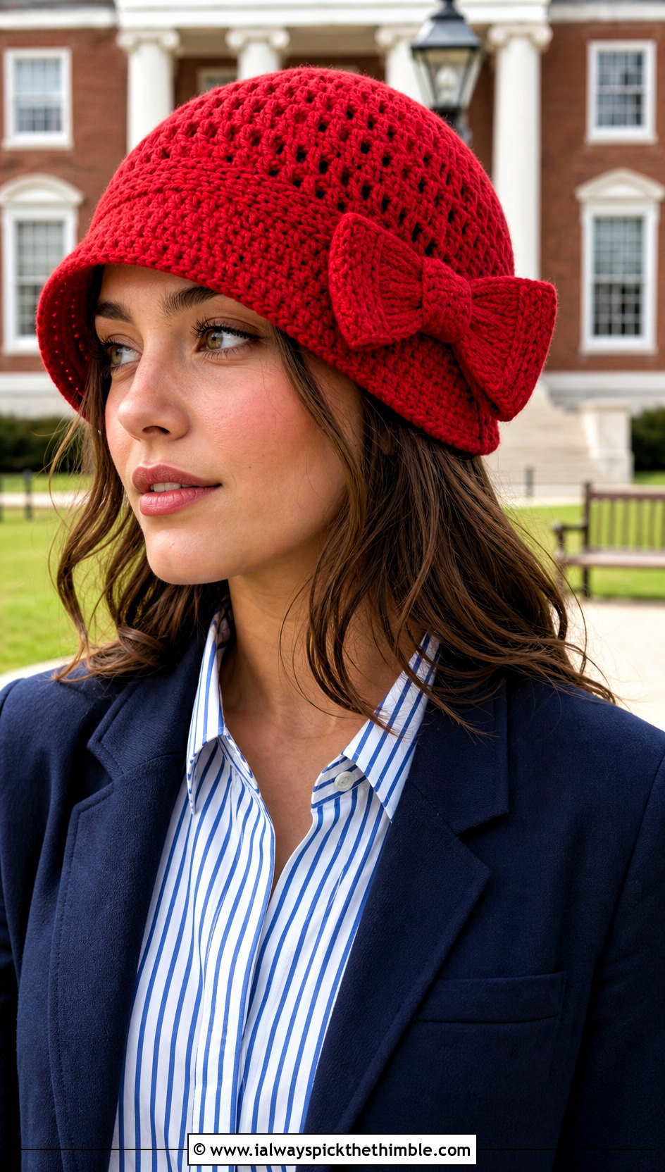 Bow Trimmed Crochet Flapper Hat With Preppy Blazer - 20 crochet flapper hat outfit ideas
