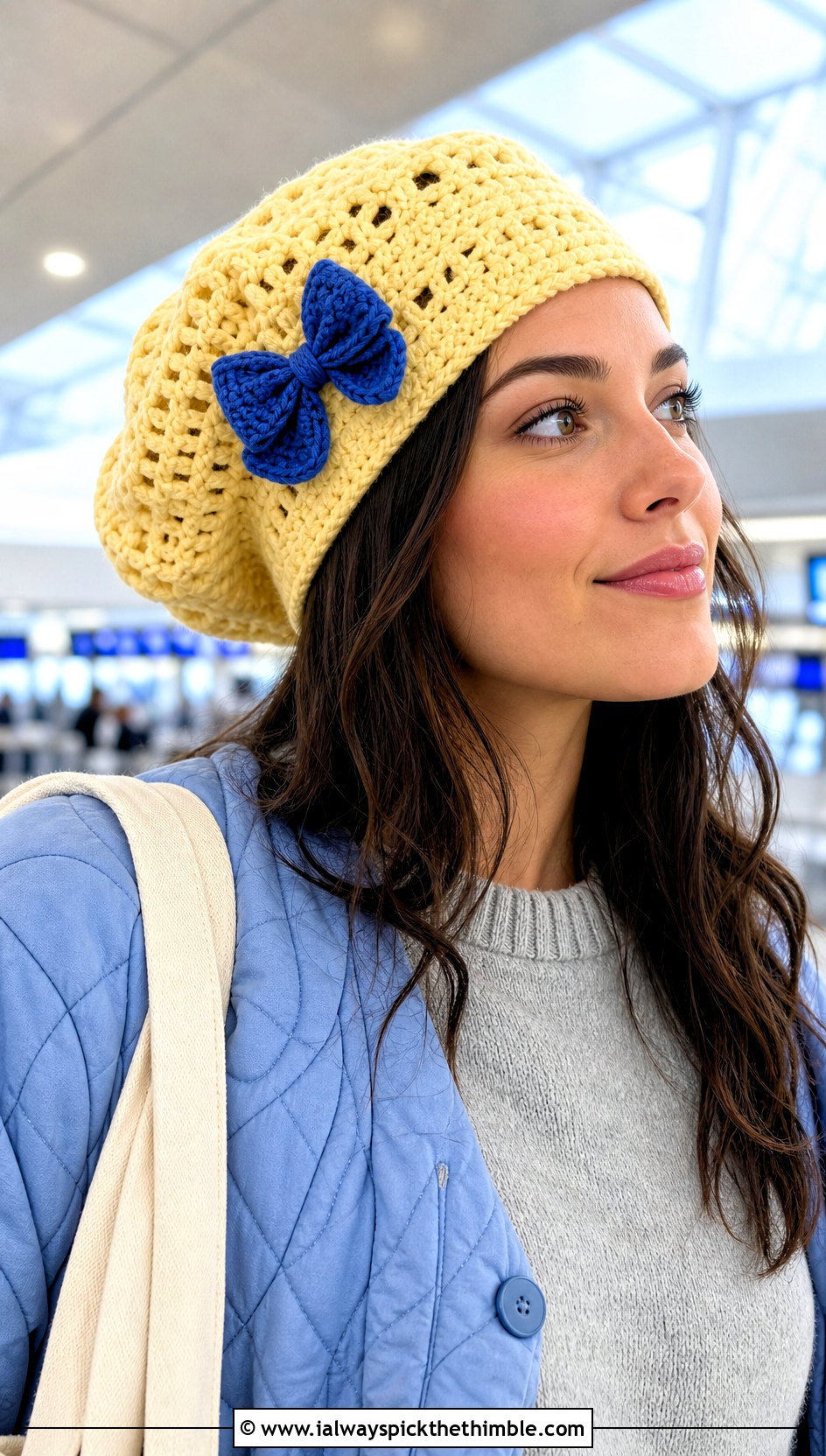 Bow Trimmed Slouchy Crochet Beret With Quilted Jacket - 20 Slouchy Crochet Beret outfit ideas