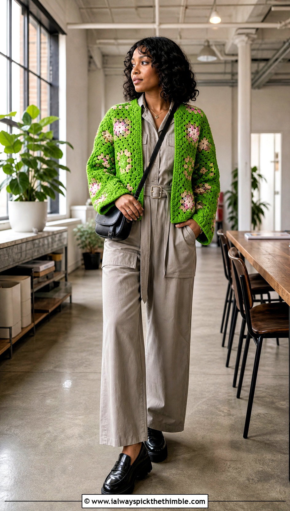 Boxy African Flower Granny Square Cardigan With Utility Jumpsuit - 20 african flower granny square cardigan outfit ideas