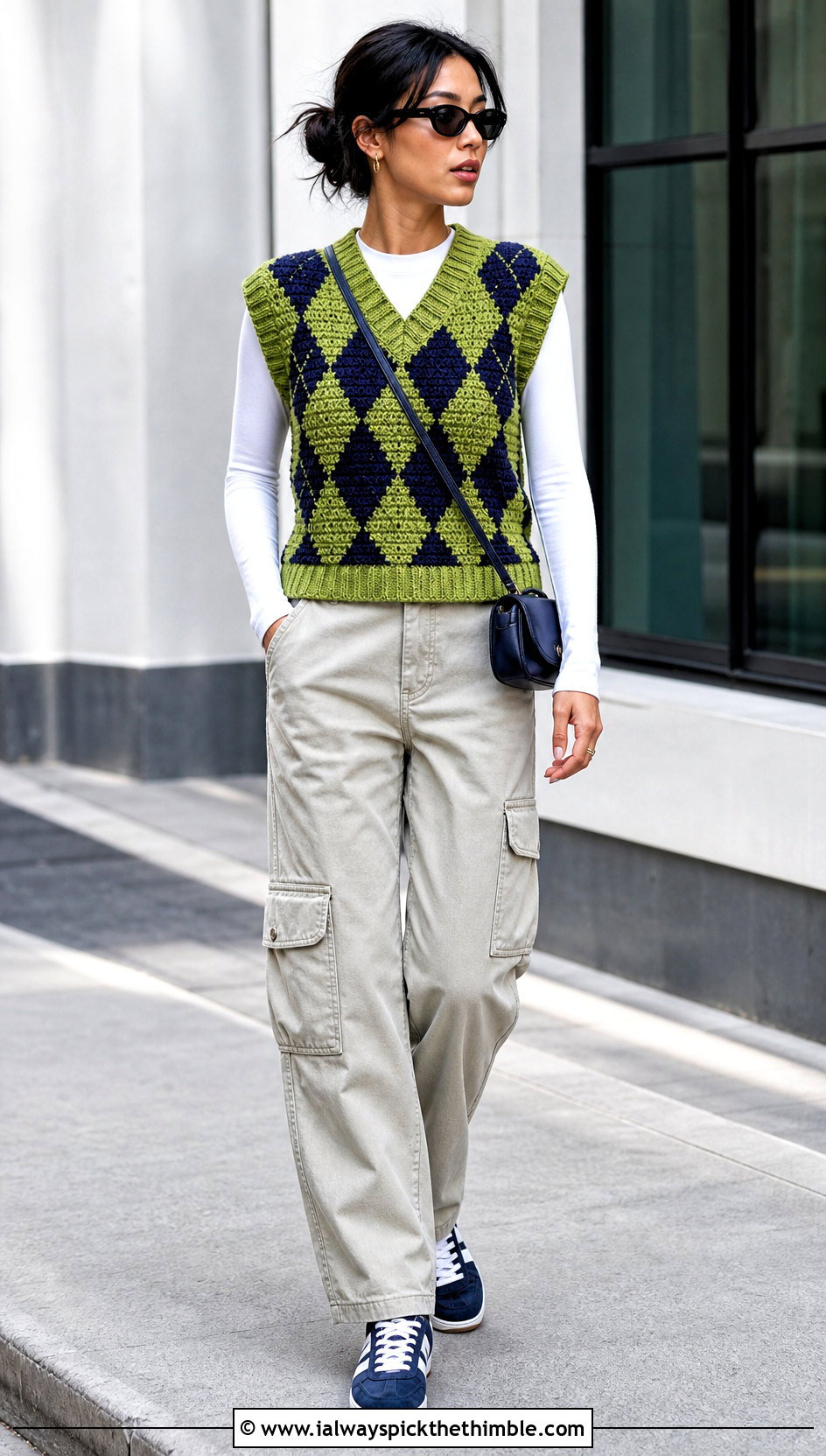 Boxy Argyle Crochet Sweater Vest With Cargo Pants - 20 Argyle Crochet Sweater Vest outfit ideas