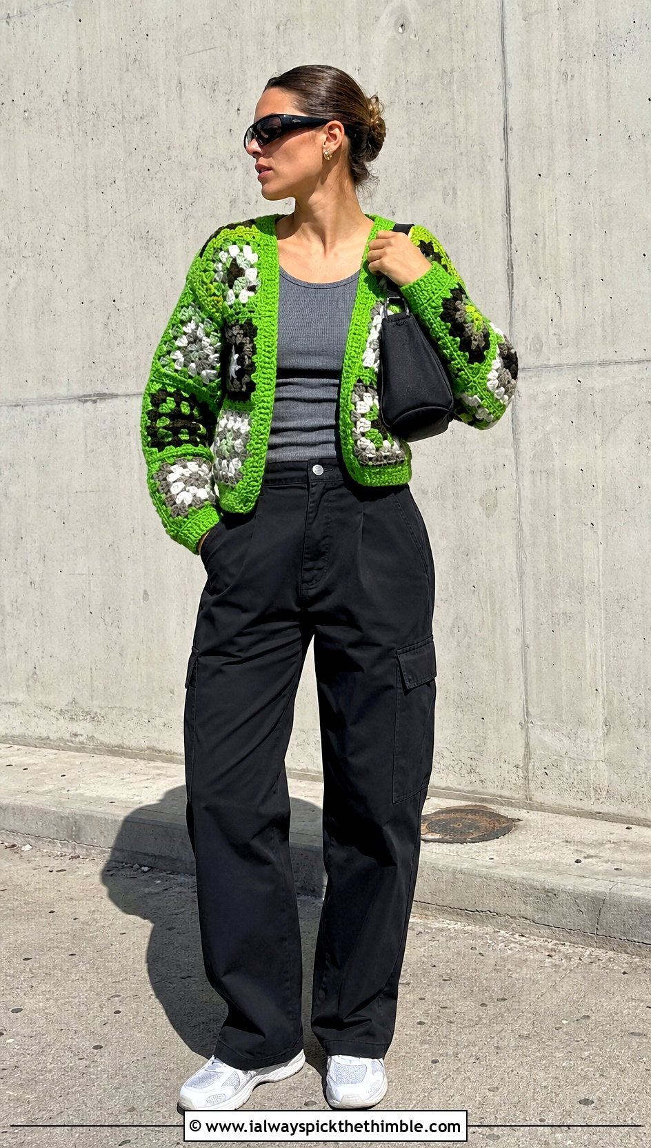 Boxy Big Granny Square Sweater With Cargo Pants - 25 big granny square sweater outfit ideas