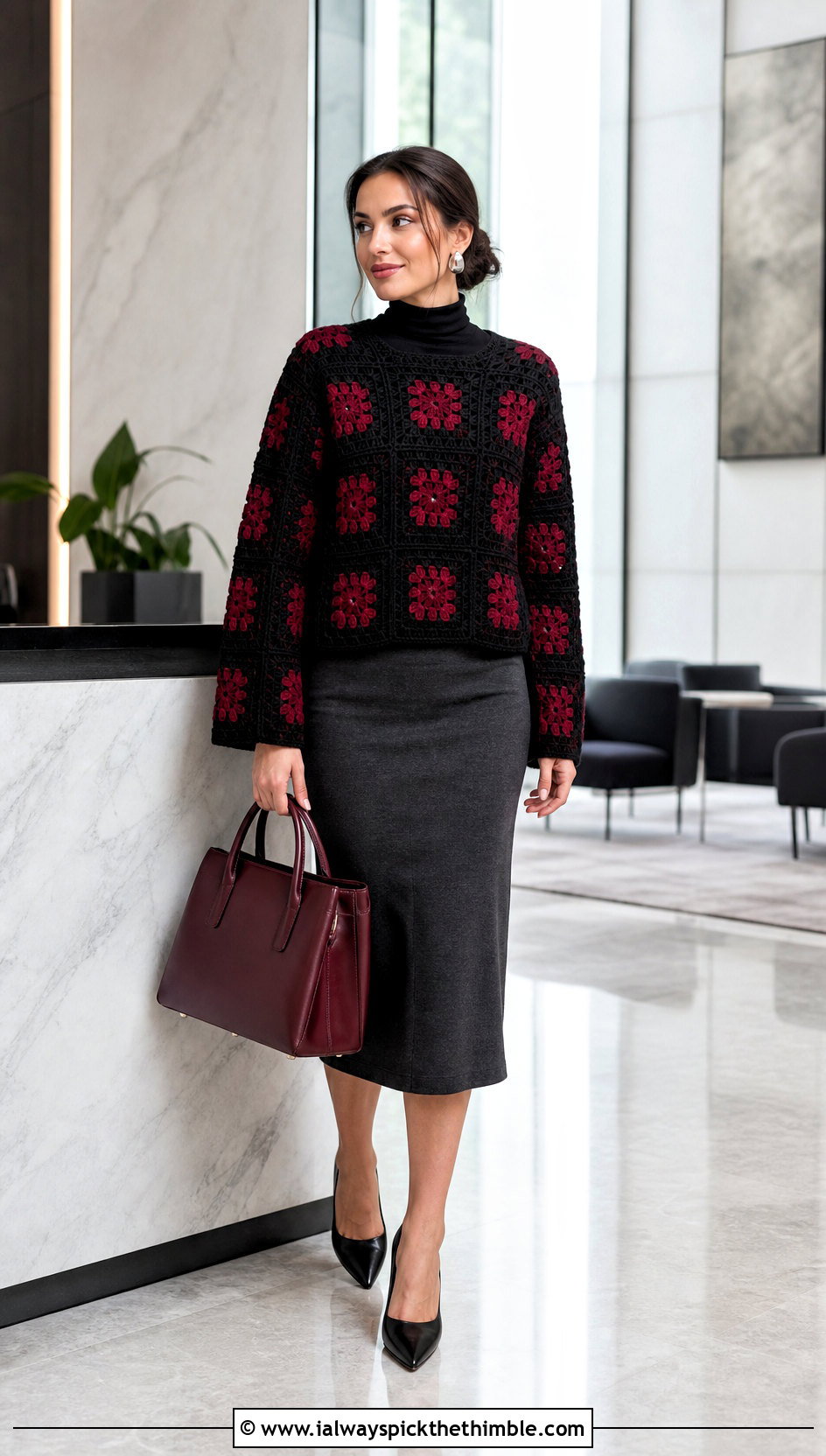 Boxy Black Granny Square Sweater With Pencil Skirt - 20 black granny square sweater outfit ideas