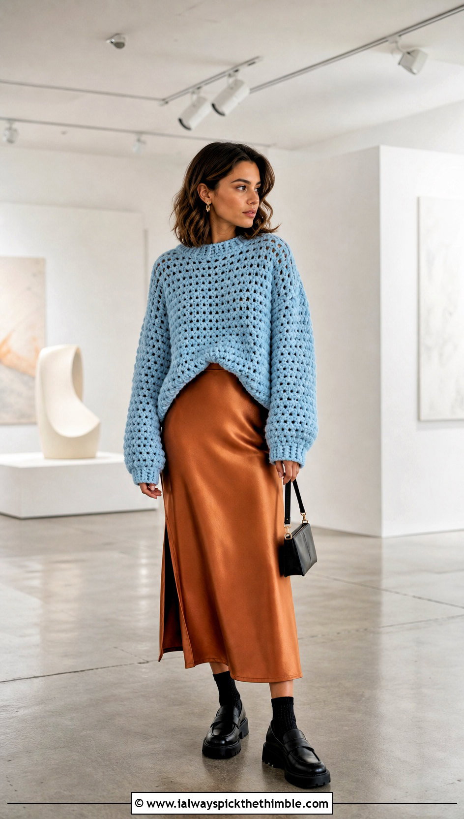 Boxy Bulky Yarn Crochet Sweater With Slip Dress - 20 bulky yarn crochet sweater outfit ideas