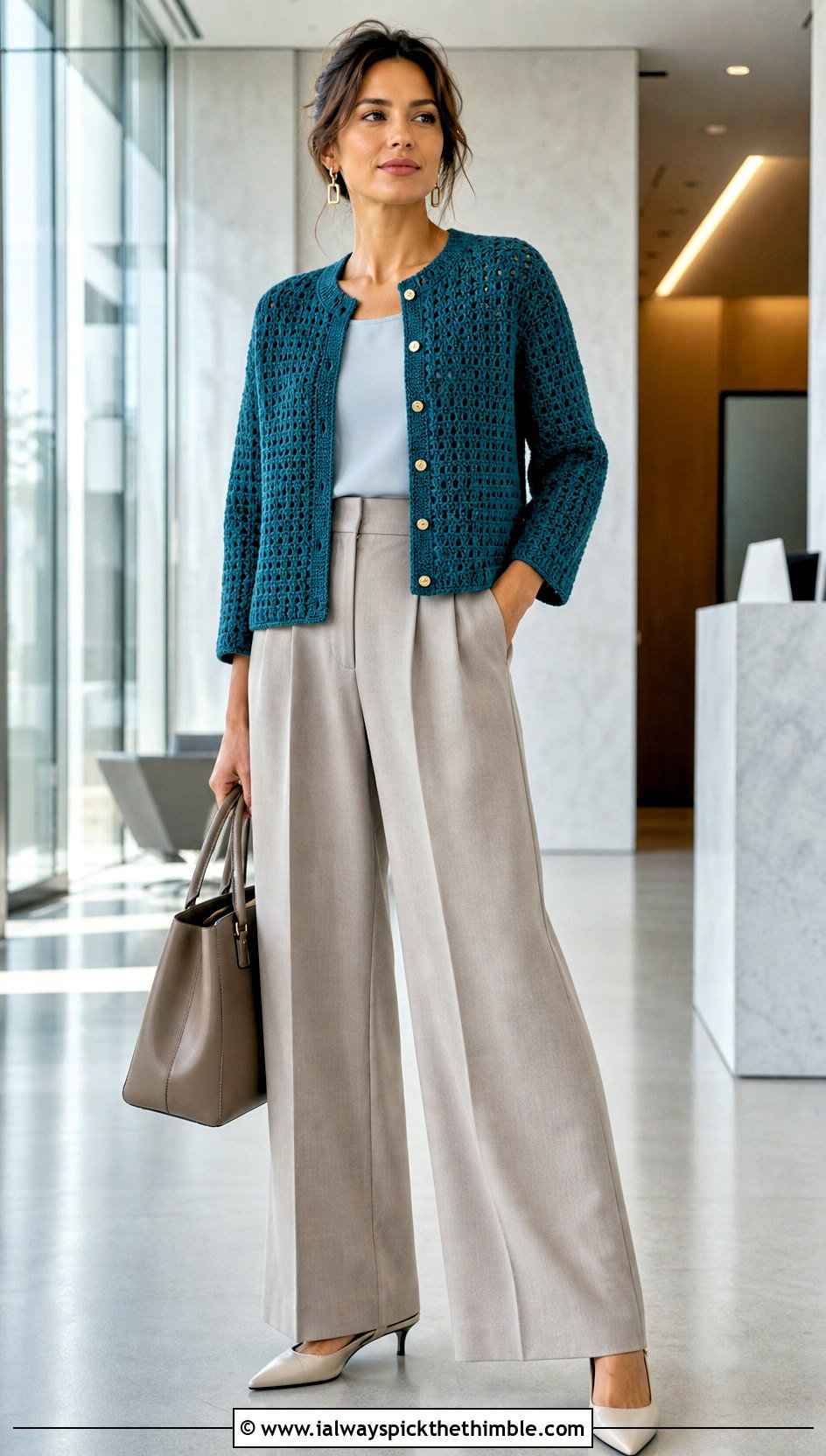 Boxy Button Front Miu Miu Crochet Cardigan With Tailored Trousers - 20 Miu Miu Crochet Cardigan outfit ideas