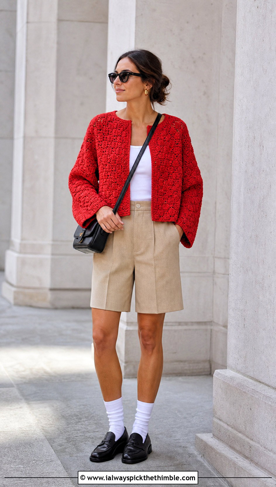 Boxy C2C Crochet Sweater With Bermuda Shorts - 20 c2c crochet sweater outfit ideas