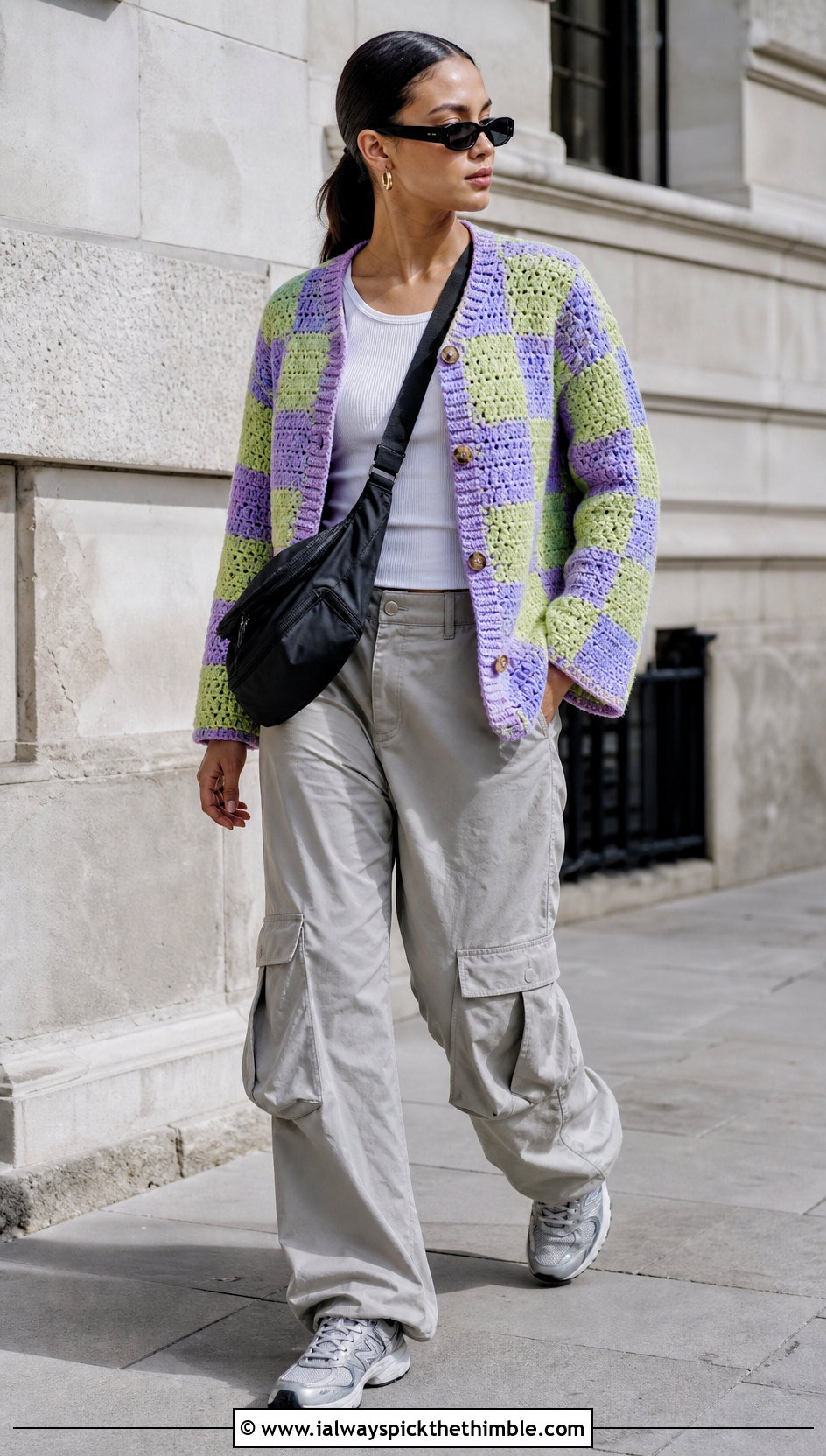 Boxy Checkerboard Granny Square Cardigan With Cargo Pants - 20 pastel granny square cardigan outfit ideas