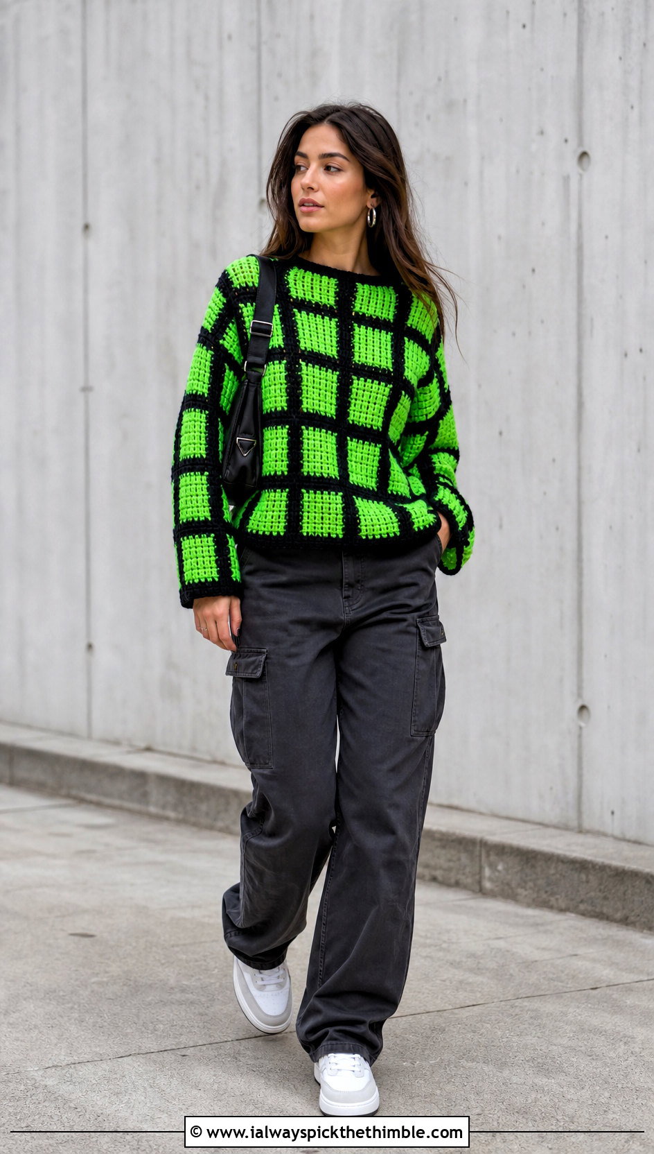 Boxy Checkerboard Square Sweater With Cargo Pants - 25 Crochet Square Sweater outfit ideas
