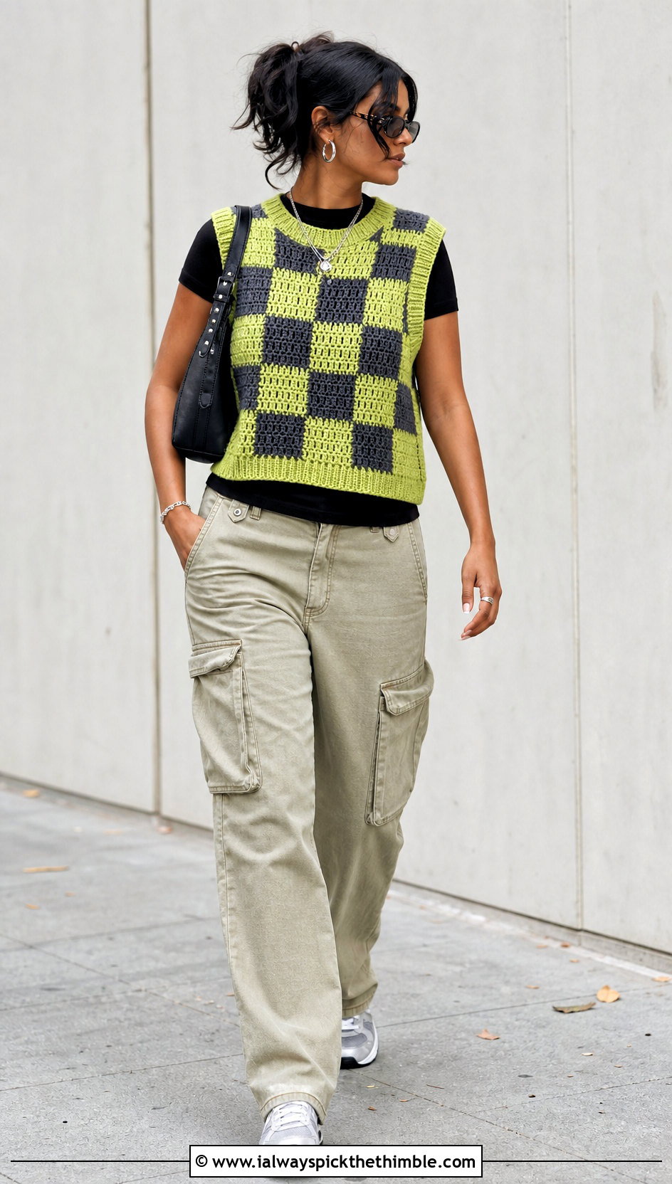 Boxy Checkered Crochet Sweater Vest With Cargo Pants - 15 Checkered Crochet Sweater Vest outfit ideas