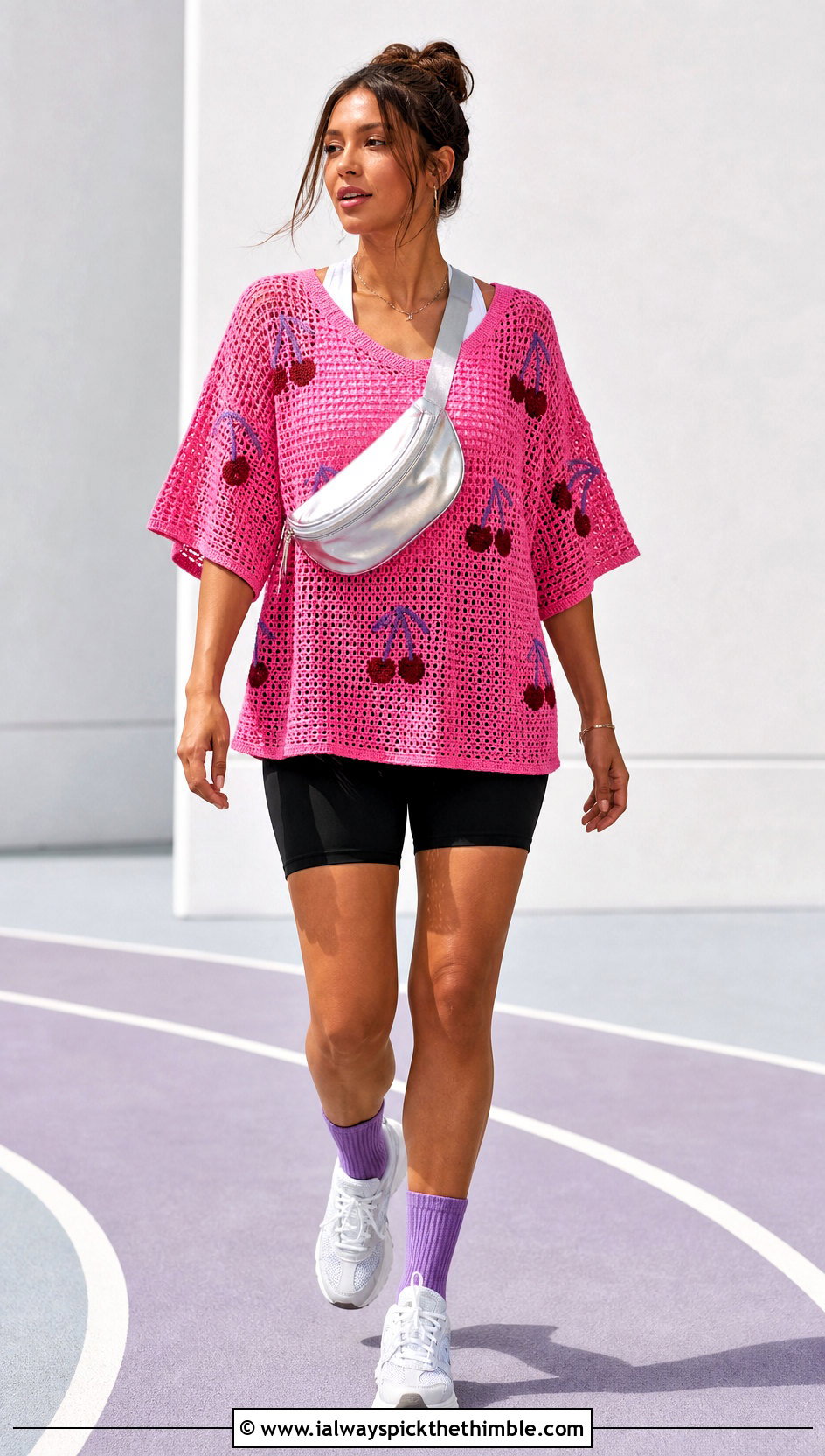 Boxy Cherry Crochet Tee With Bike Shorts - 25 crochet cherry top outfit ideas