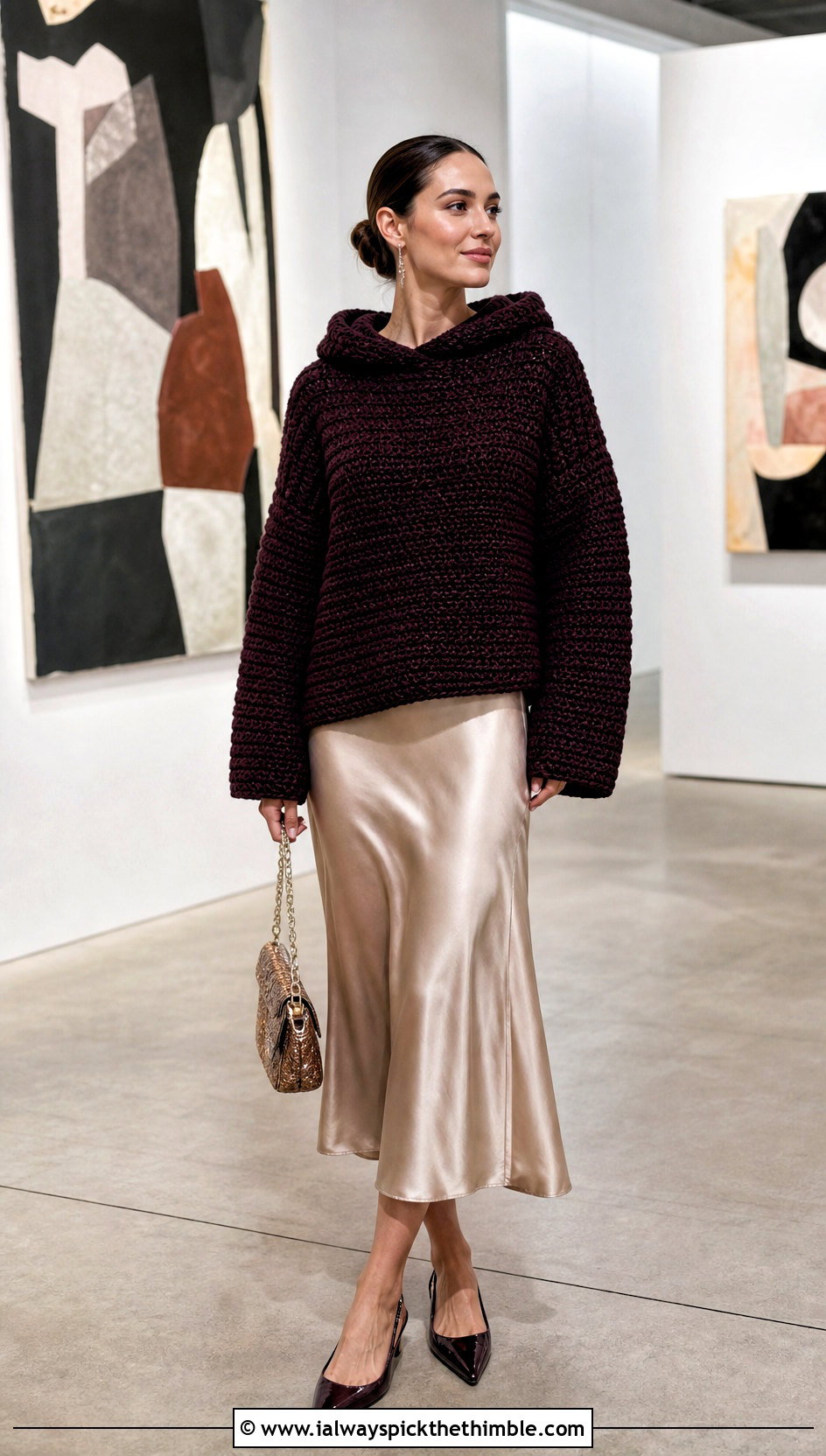 Boxy Chunky Crochet Hoodie With Satin Slip Skirt - 20 crochet chunky hoodie outfit ideas