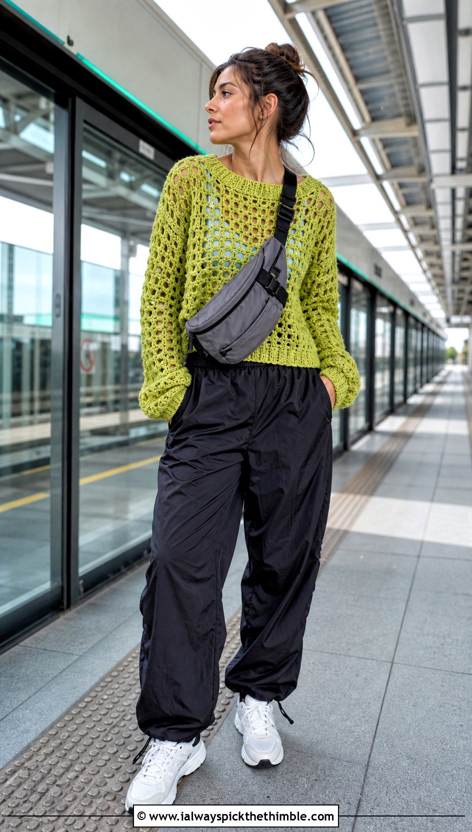 Boxy Chunky Crochet Sweater With Parachute Pants - 25 chunky crochet sweater outfit ideas