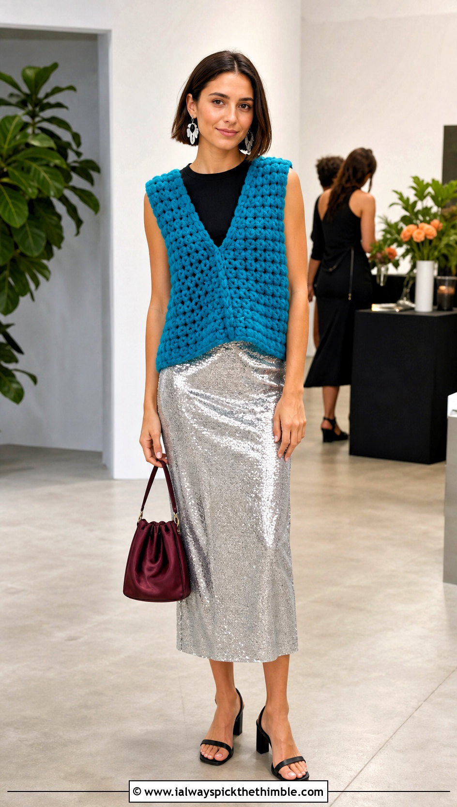 Boxy Chunky Yarn Crochet Vest With Sequin Midi Skirt - 20 Chunky Yarn Crochet Vest outfit ideas