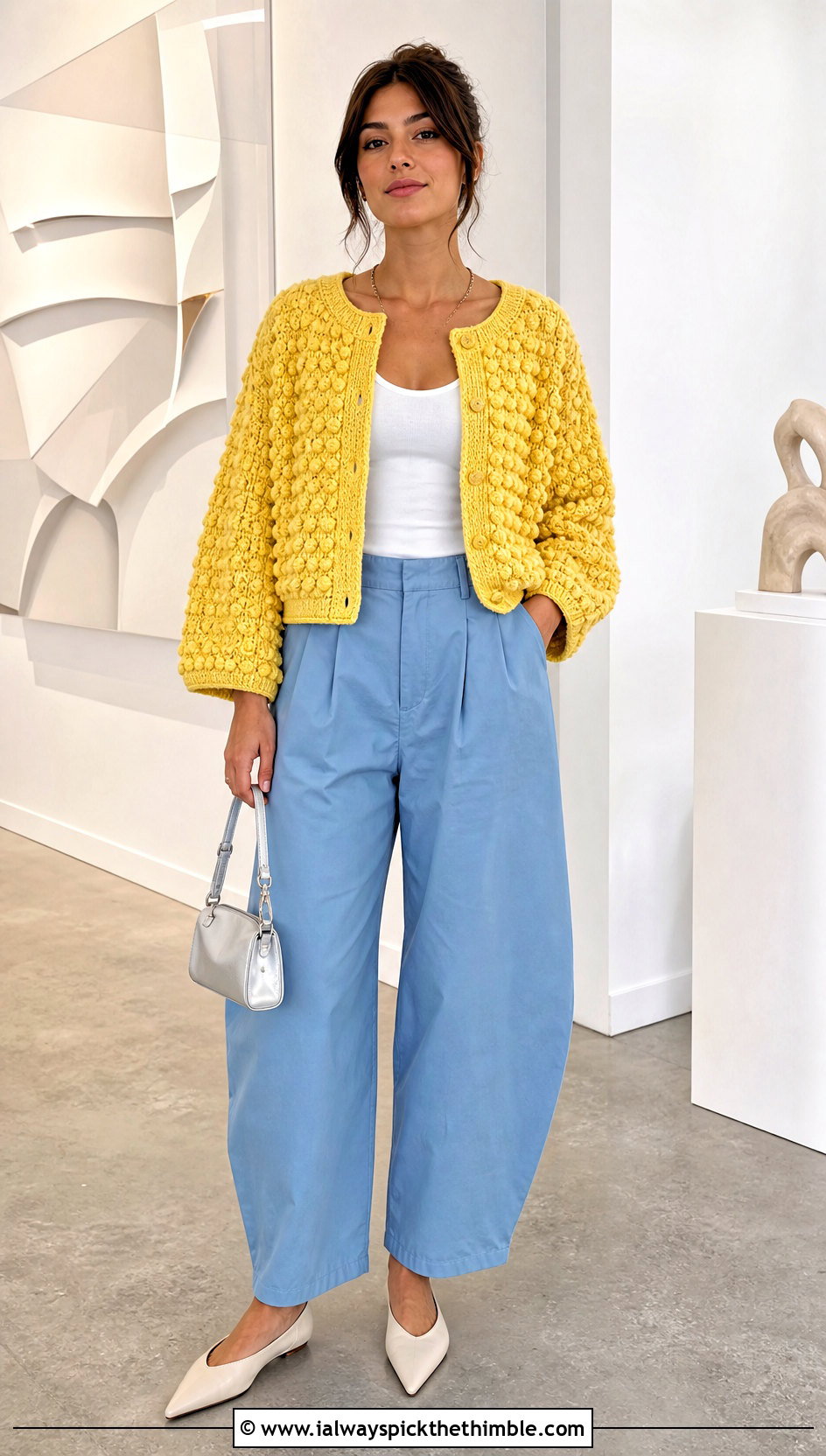 Boxy Collarless Bobble Cardigan With Barrel Pants - 20 Crochet Bobble Cardigan outfit ideas
