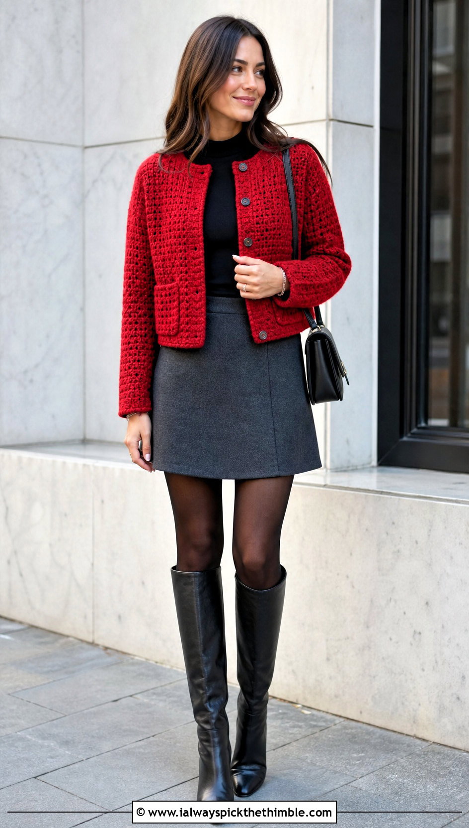 Boxy Collarless Crochet Cardigan With Mini Skirt And Boots - 15 Autumn Crochet Cardigan Style outfit ideas