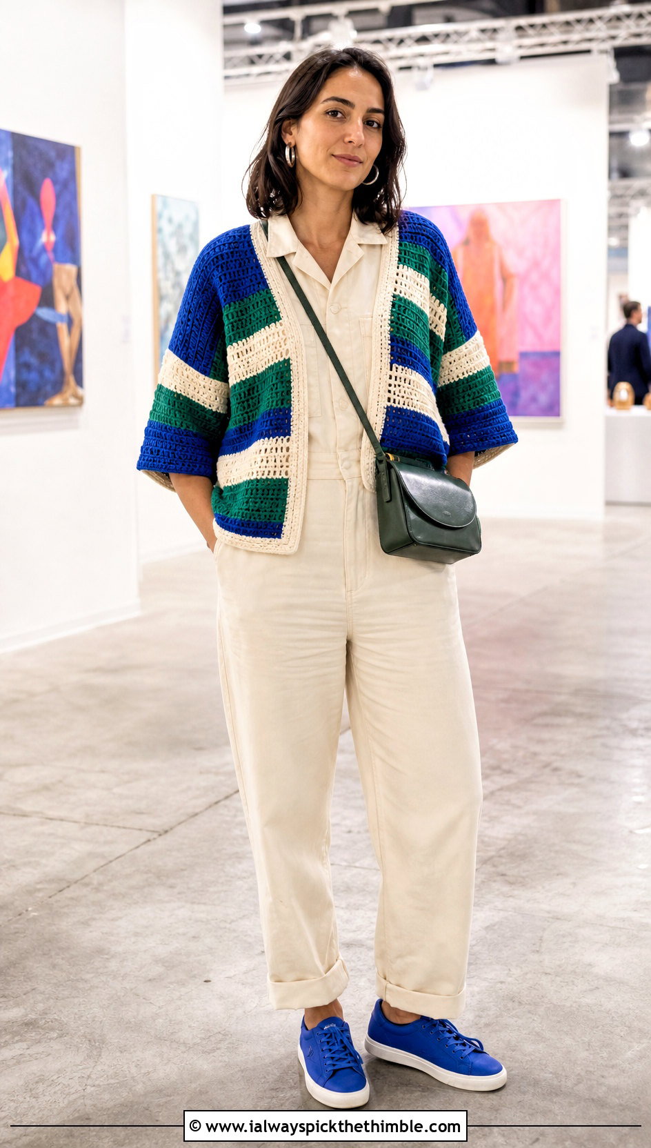 Boxy Color Block Cardigan With Utility Jumpsuit - 15 colorful crocheted cardigan on hook outfit ideas