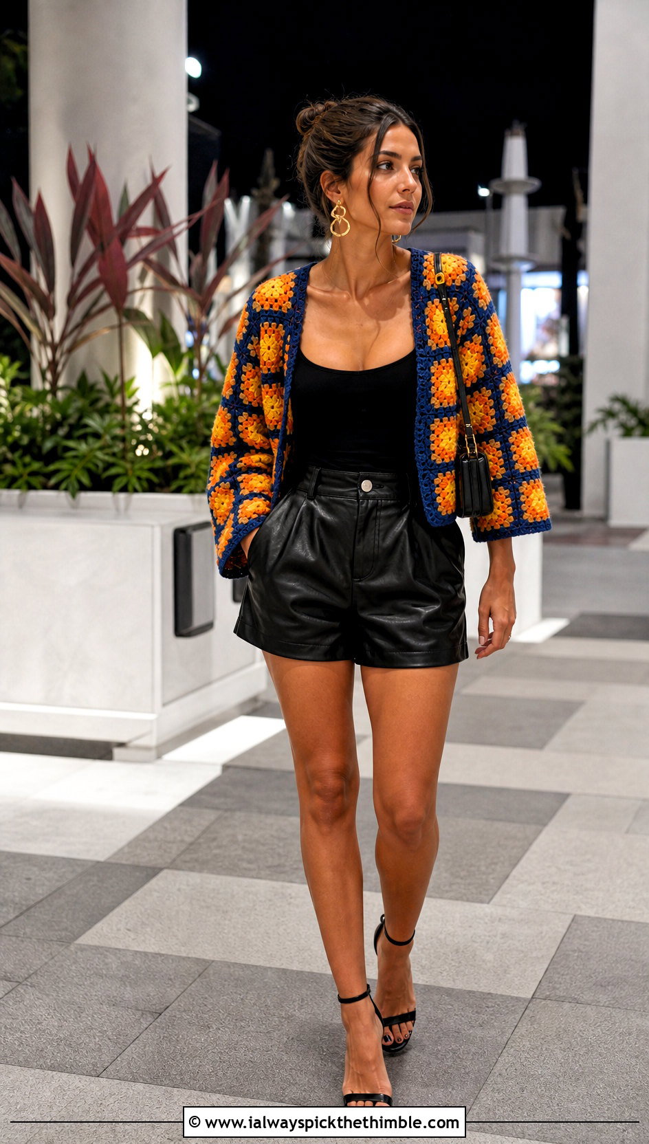 Boxy Color Block Granny Square Summer Cardigan With Leather Shorts - 20 granny square summer cardigan outfit ideas