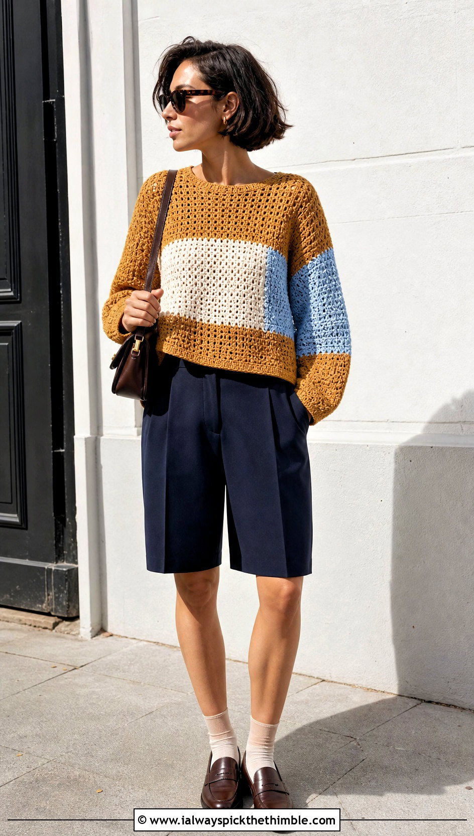 Boxy Colorblock Crochet Sweater With Bermuda Shorts - 20 Easy Crochet Sweater For Women outfit ideas