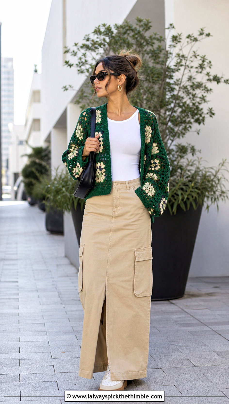 Boxy Continuous Granny Square Cardigan With A Cargo Maxi Skirt - 20 continuous granny square cardigan outfit ideas