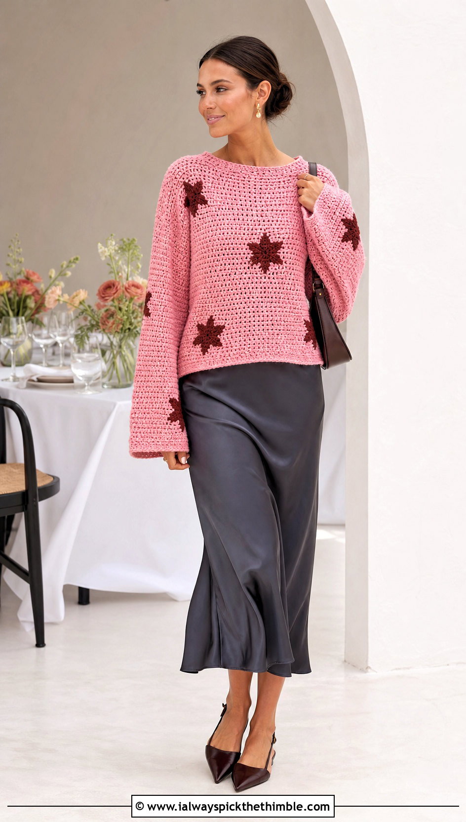 Boxy Coraline Star Crochet Sweater With Satin Midi Skirt - 20 Coraline Star Crochet Sweater outfit ideas