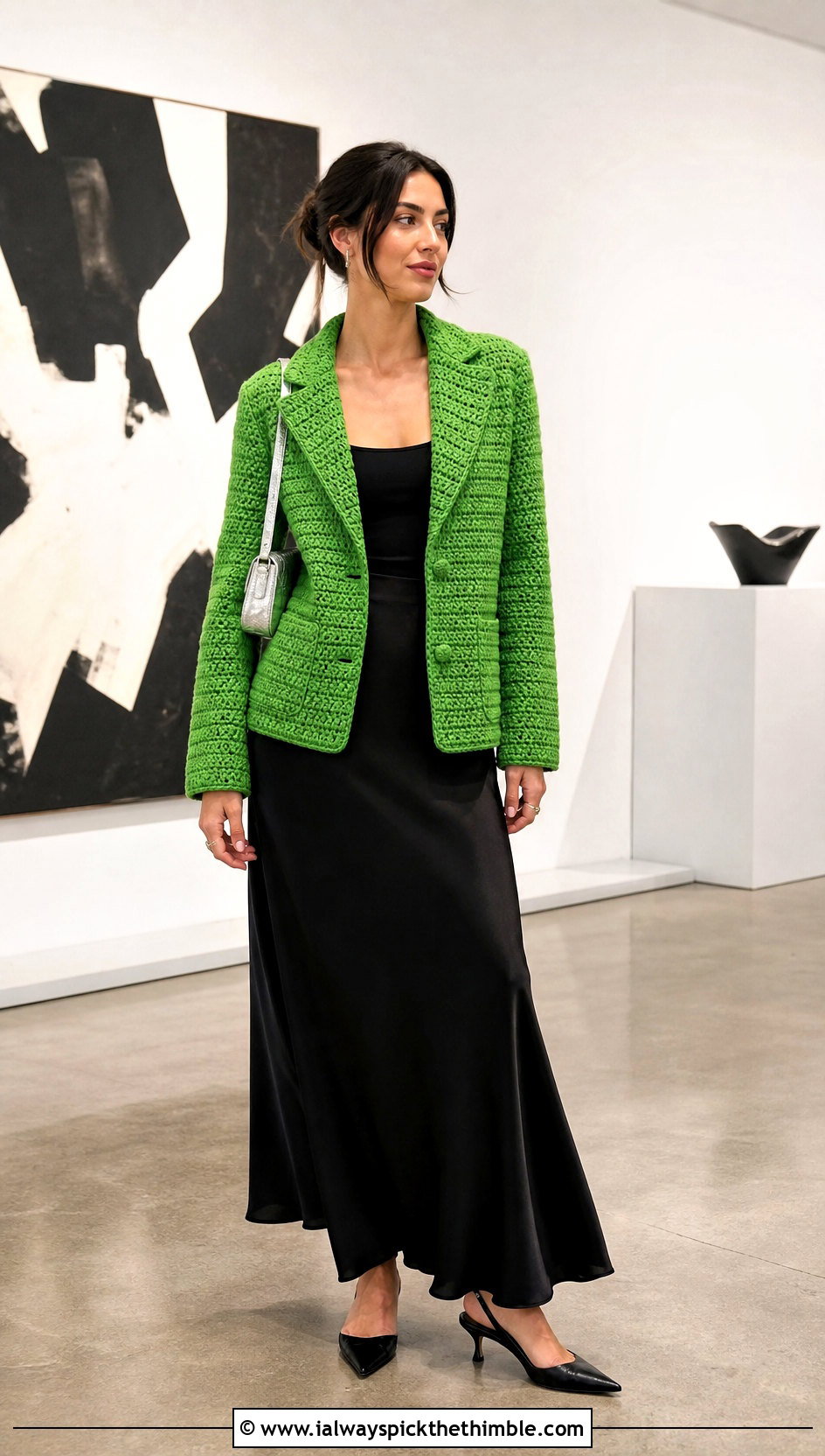 Boxy Crochet Blazer With Satin Maxi Skirt - 25 crochet blazer outfit ideas