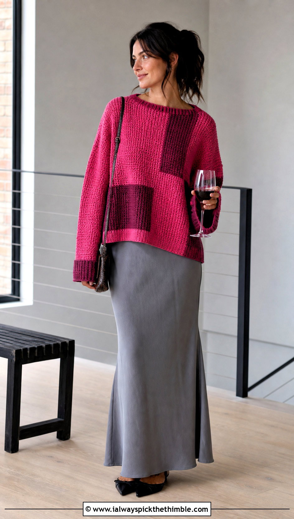 Boxy Crochet Block Sweater With Bias Cut Maxi Skirt - 20 crochet block sweater outfit ideas