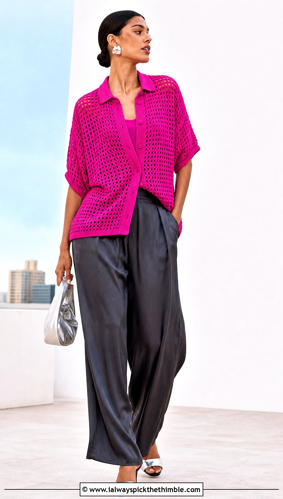 Boxy Crochet Button Down Shirt With Satin Pants - 20 crochet button down shirt outfit ideas