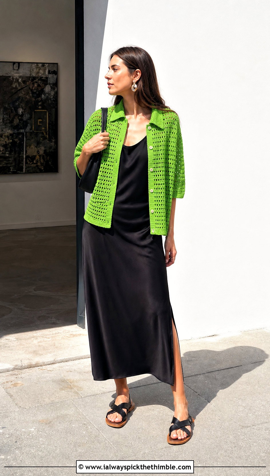 Boxy Crochet Button Shirt With Slip Dress - 20 crochet button top outfit ideas