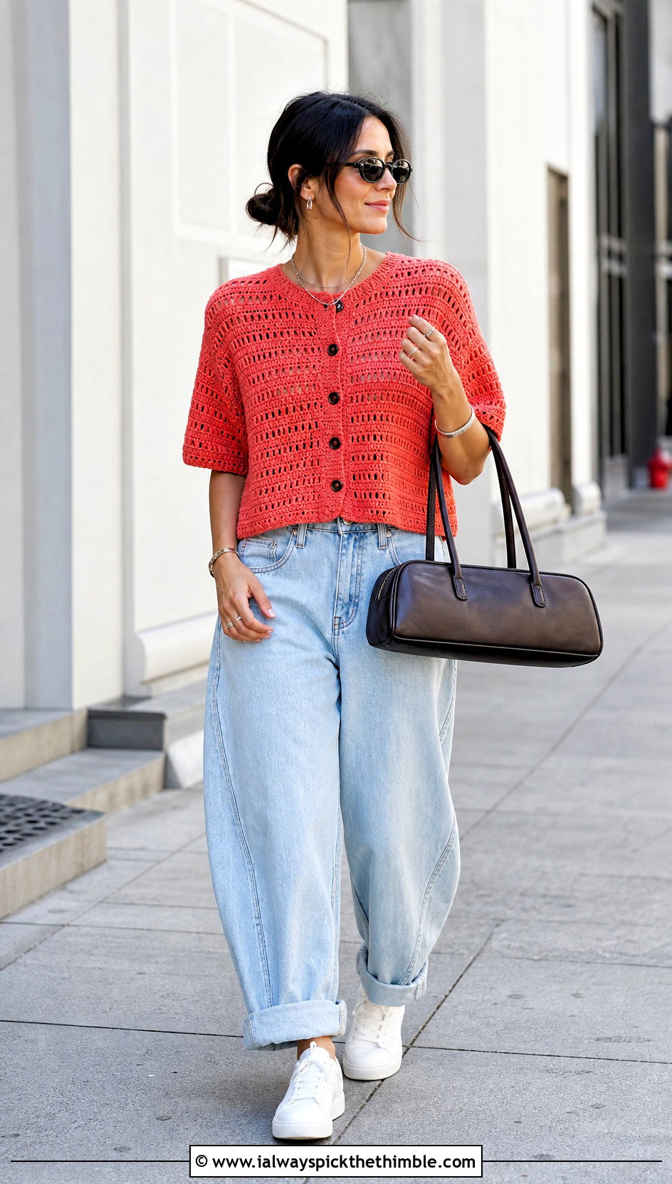 Boxy Crochet Button Top With Barrel Jeans - 25 Crochet Top With Buttons outfit ideas