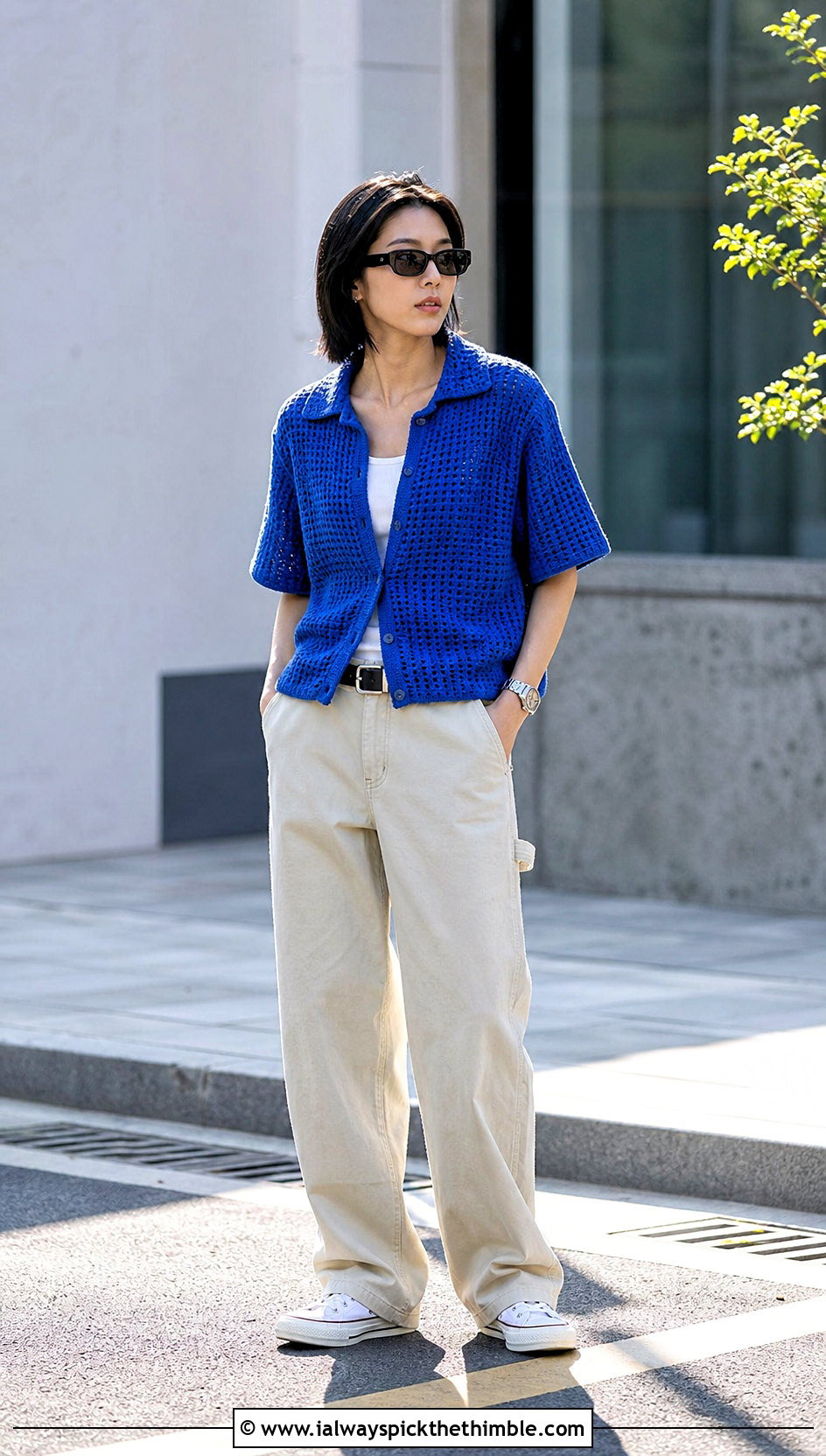 Boxy Crochet Camp Collar Shirt With Carpenter Pants - 20 Masc Crochet Clothes and outfit ideas