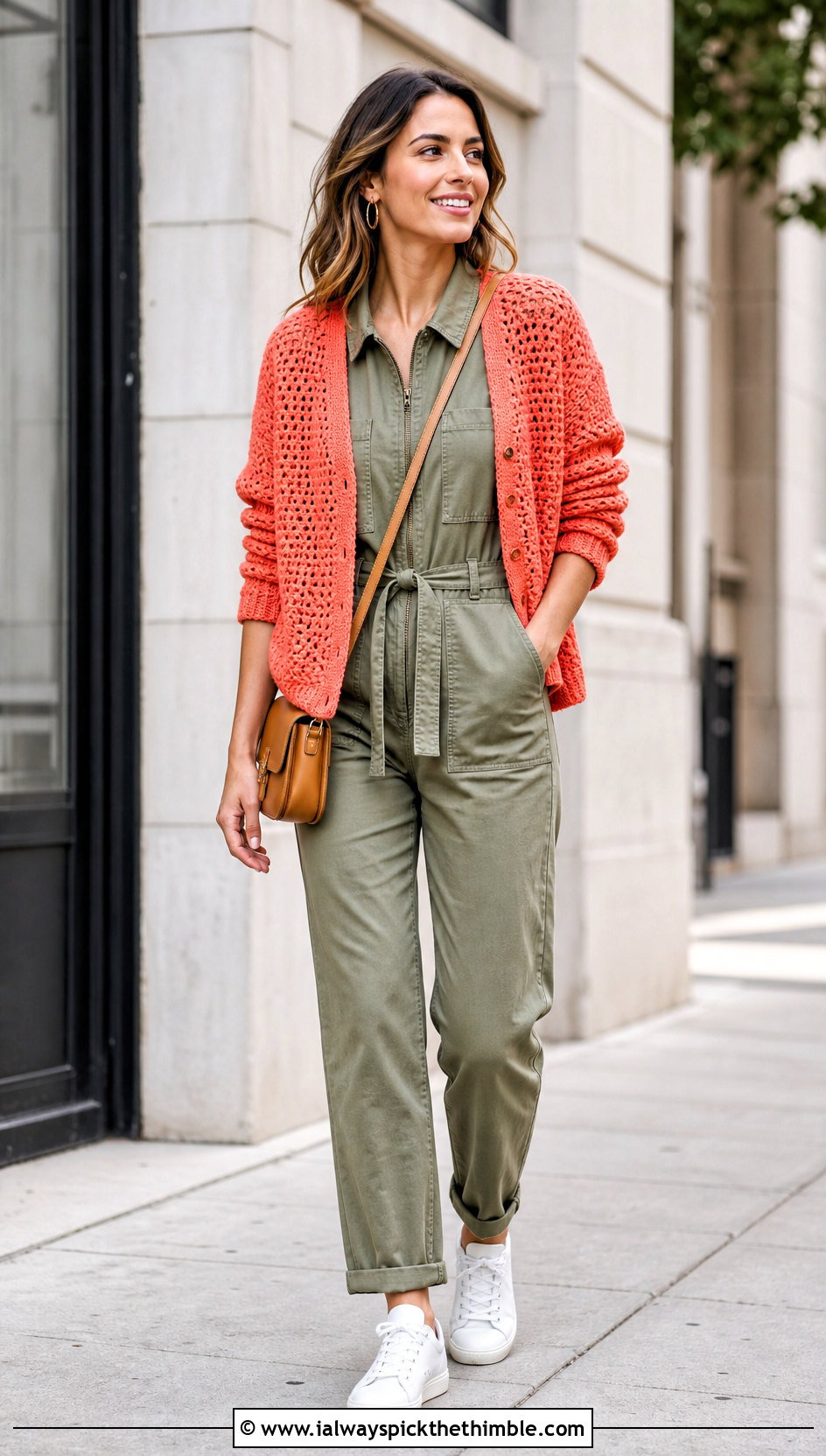 Boxy Crochet Cardigan With Utility Jumpsuit - 20 crochet for ladies cardigans outfit ideas