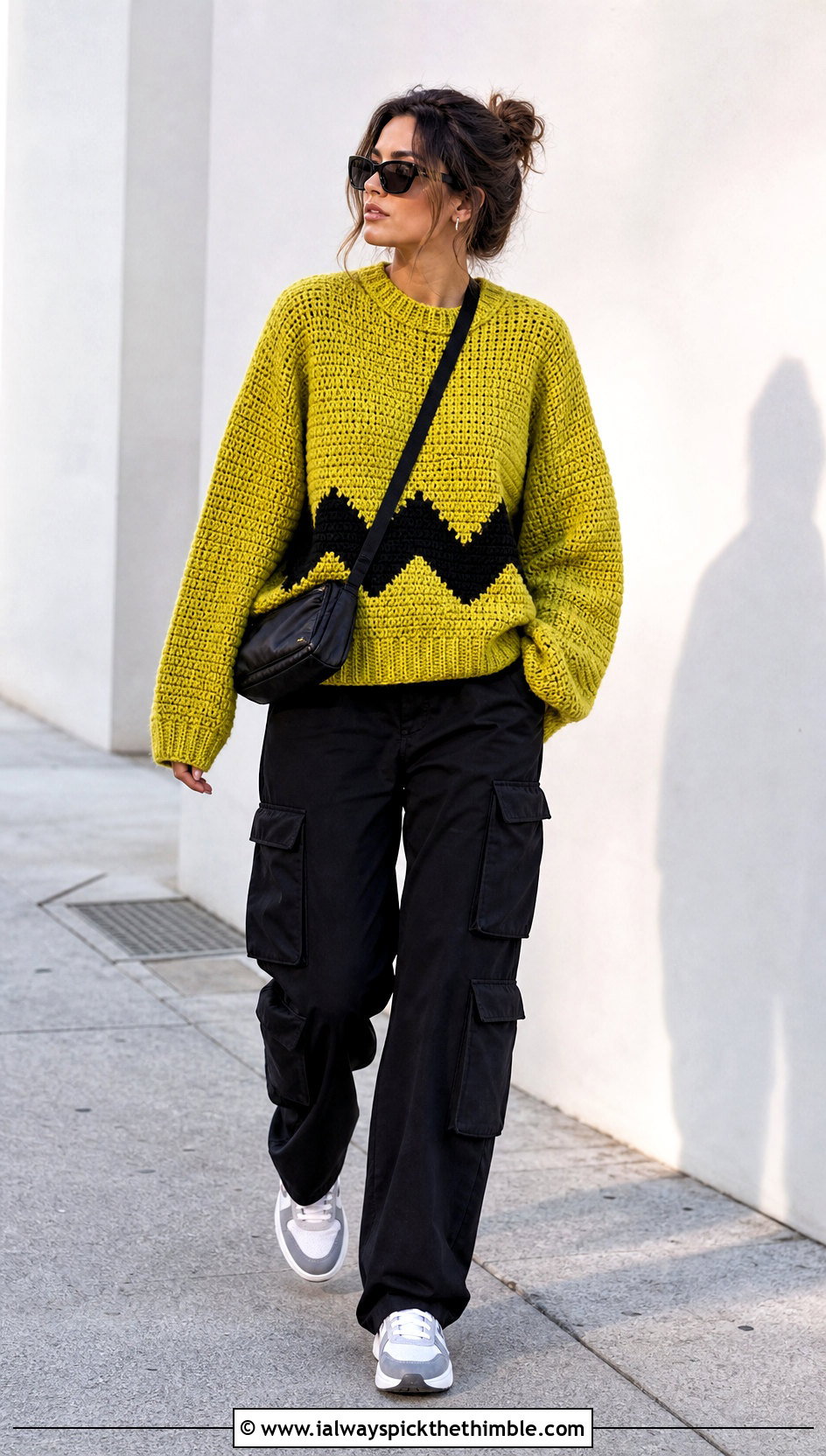 Boxy Crochet Charlie Brown Sweater With Cargo Pants - 15 Crochet Charlie Brown Sweater outfit ideas
