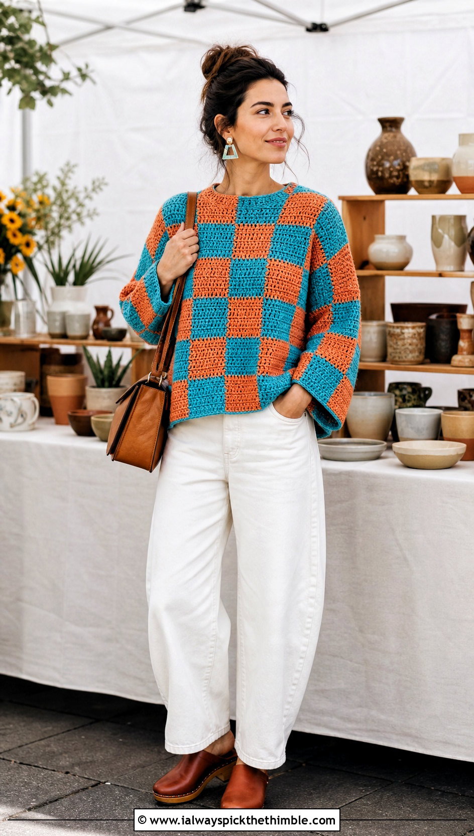 Boxy Crochet Checker Sweater With Barrel Jeans - 20 Crochet Checker Sweater outfit ideas