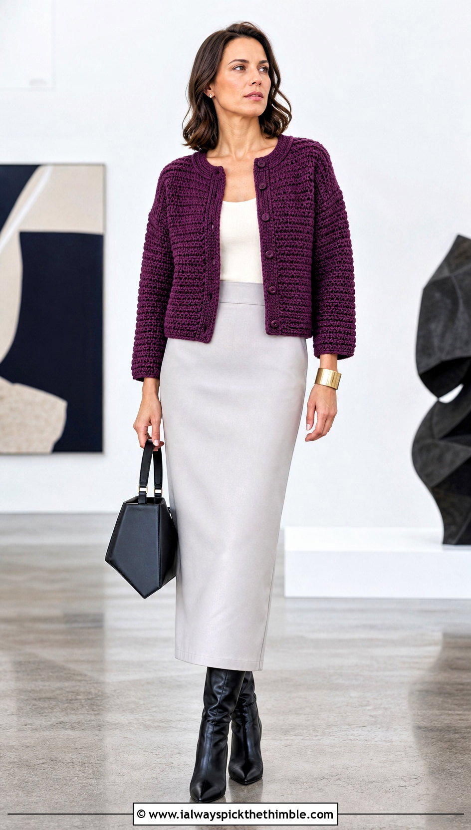 Boxy Crochet Crew Neck Cardigan With Column Skirt - 20 crochet crew neck cardigan outfit ideas