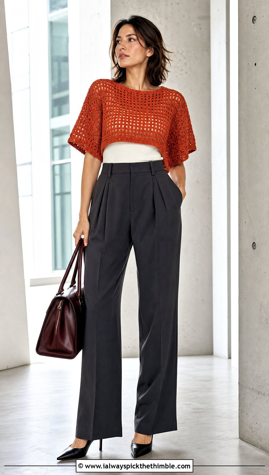 Boxy Crochet Crop Top With High Waisted Suit Pants - 25 loose crochet top outfit ideas
