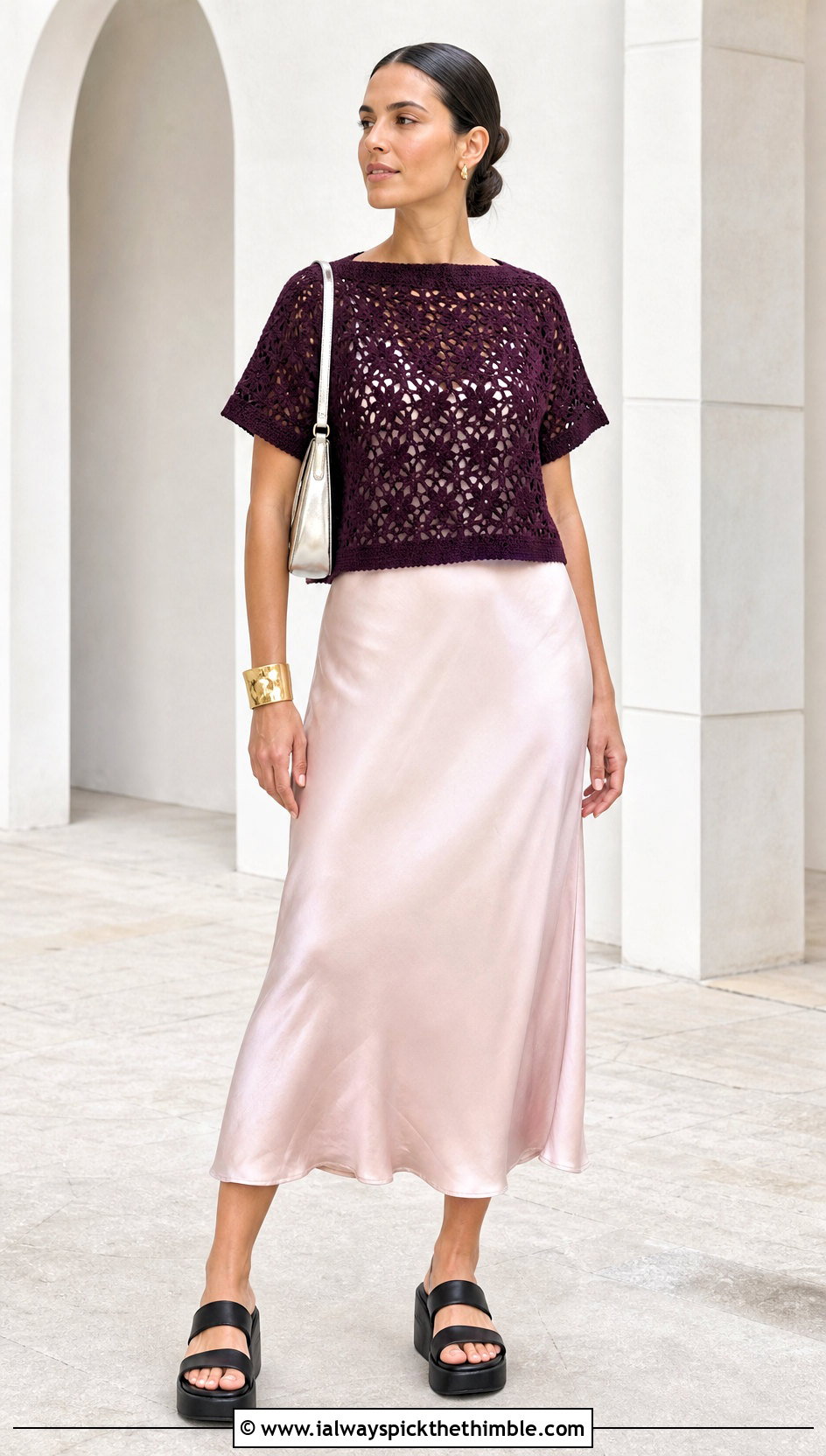Boxy Crochet Cropped Shirt With Slip Dress - 20 crochet cropped shirt outfit ideas
