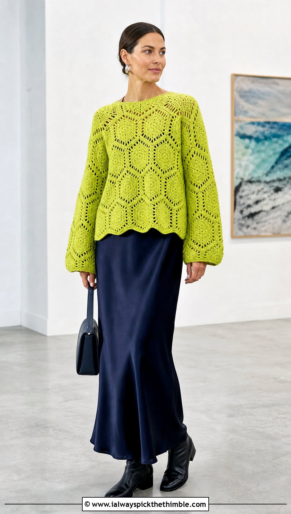 Boxy Crochet Hexagon Jumper With Slip Dress - 20 crochet hexagon jumper outfit ideas
