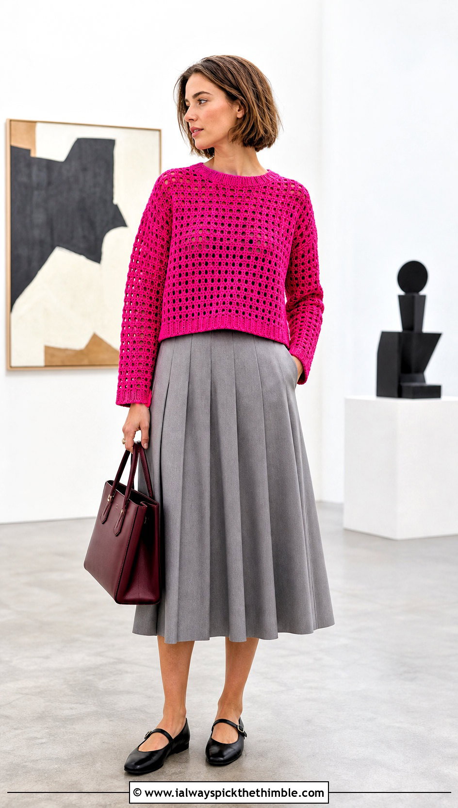 Boxy Crochet Jumper With Pleated Midi Skirt - 20 Beginner Crochet Jumper outfit ideas